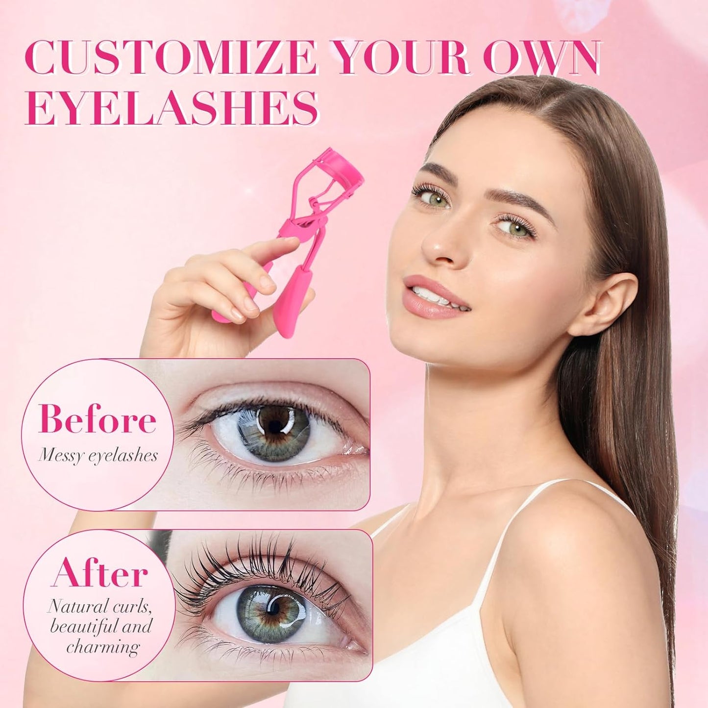 Eyelash Curler with Pads, Lash Curler with 10 Extra Silicone Replacement Pads, Comfortable Grip for Effortless Curling – Eyelashes for The Perfect Eye Contour (Barbie Pink)