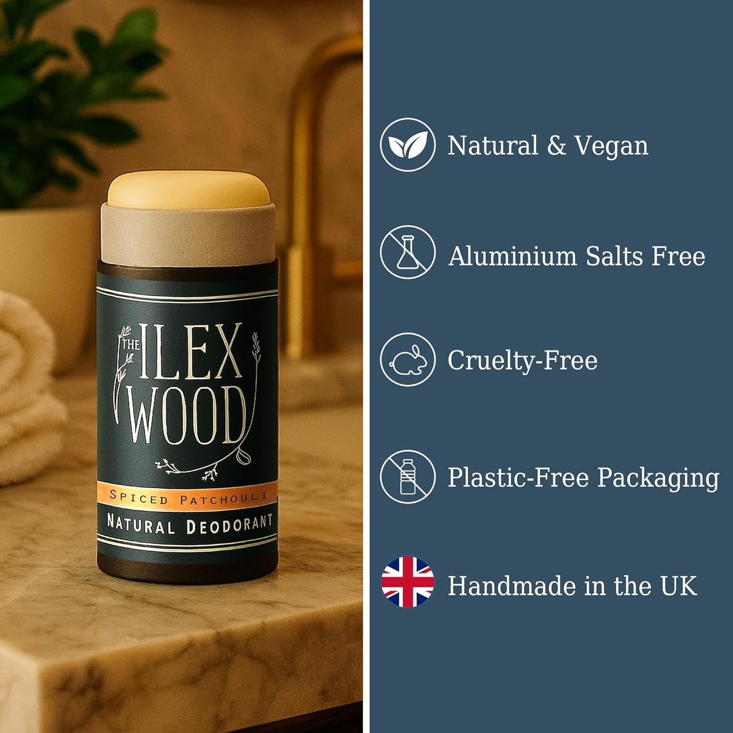 The Ilex Wood - Spiced Patchouli Woody Natural Deodorant - 2.4 fl oz. Natural Deo in Recyclable Cardboard Tube, Vegan, no Plastic, no Alcohol, no Toxins, no Aluminium Salts & Cruelty Free for Women & Men