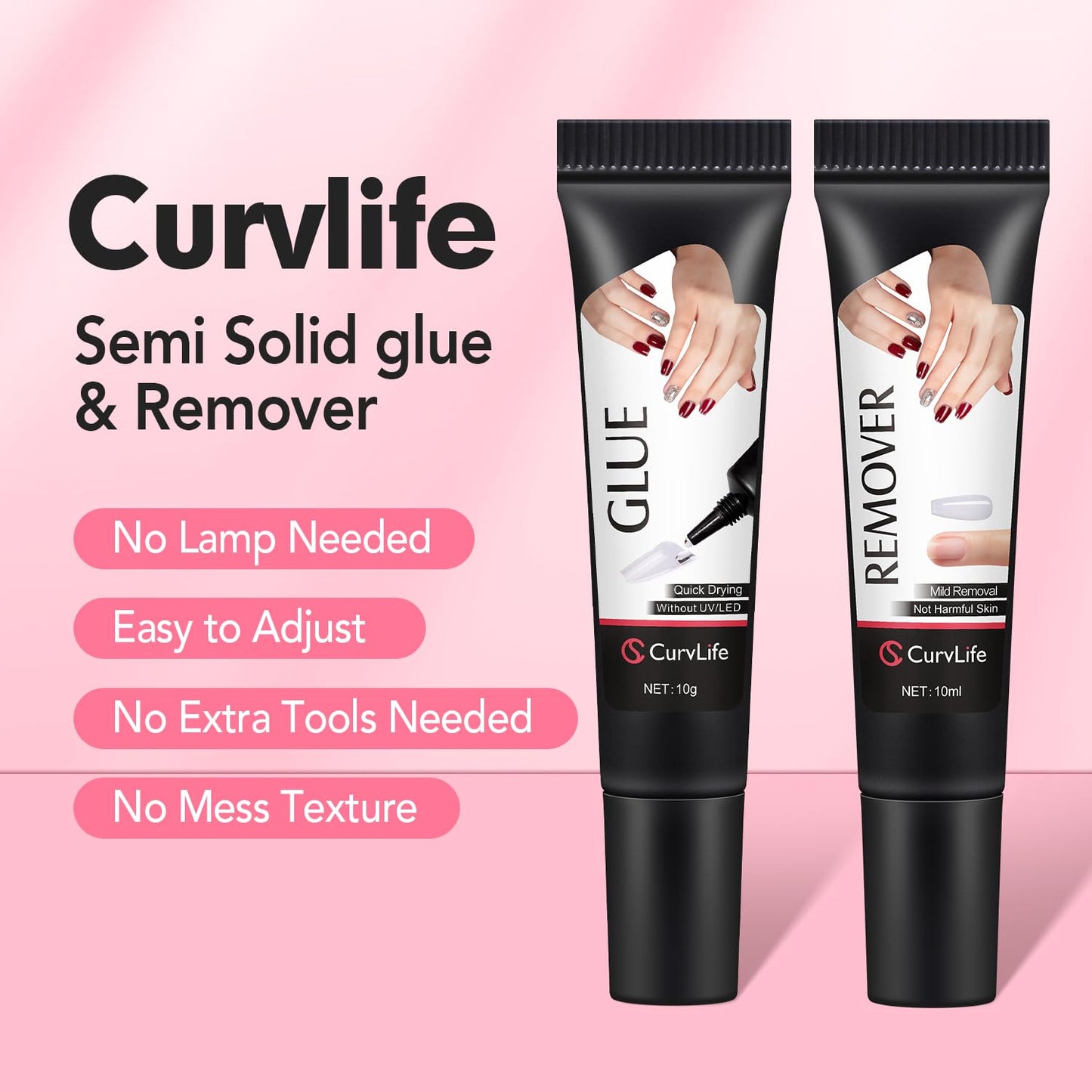 Curvlife Quick Drying 10g Semi Solid Nail Glue Gel with 10ml Remover with Cuticle Pusher Nail Art for Press On Nails Tips No Need for UV Lamp Long Lasting