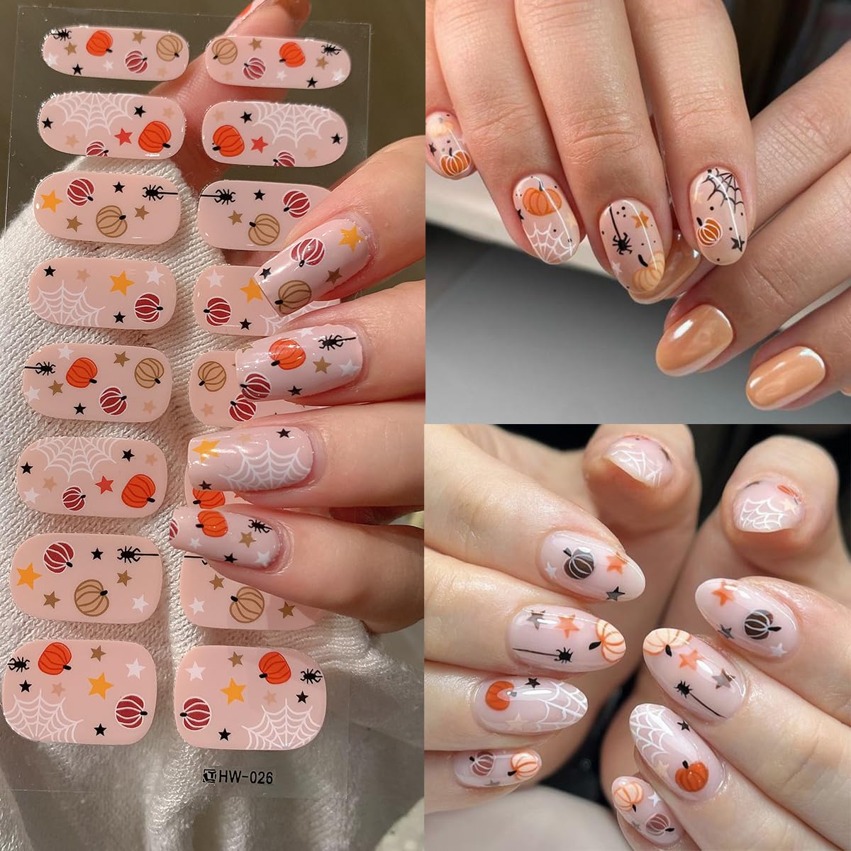 Halloween Ghost Gel Nail Strips - Cute Pumpkin Polish With Orange Black Spider Web, Star Moon Design - Full Wrap Stickers for Women Girl Nail Supplies 4Pcs