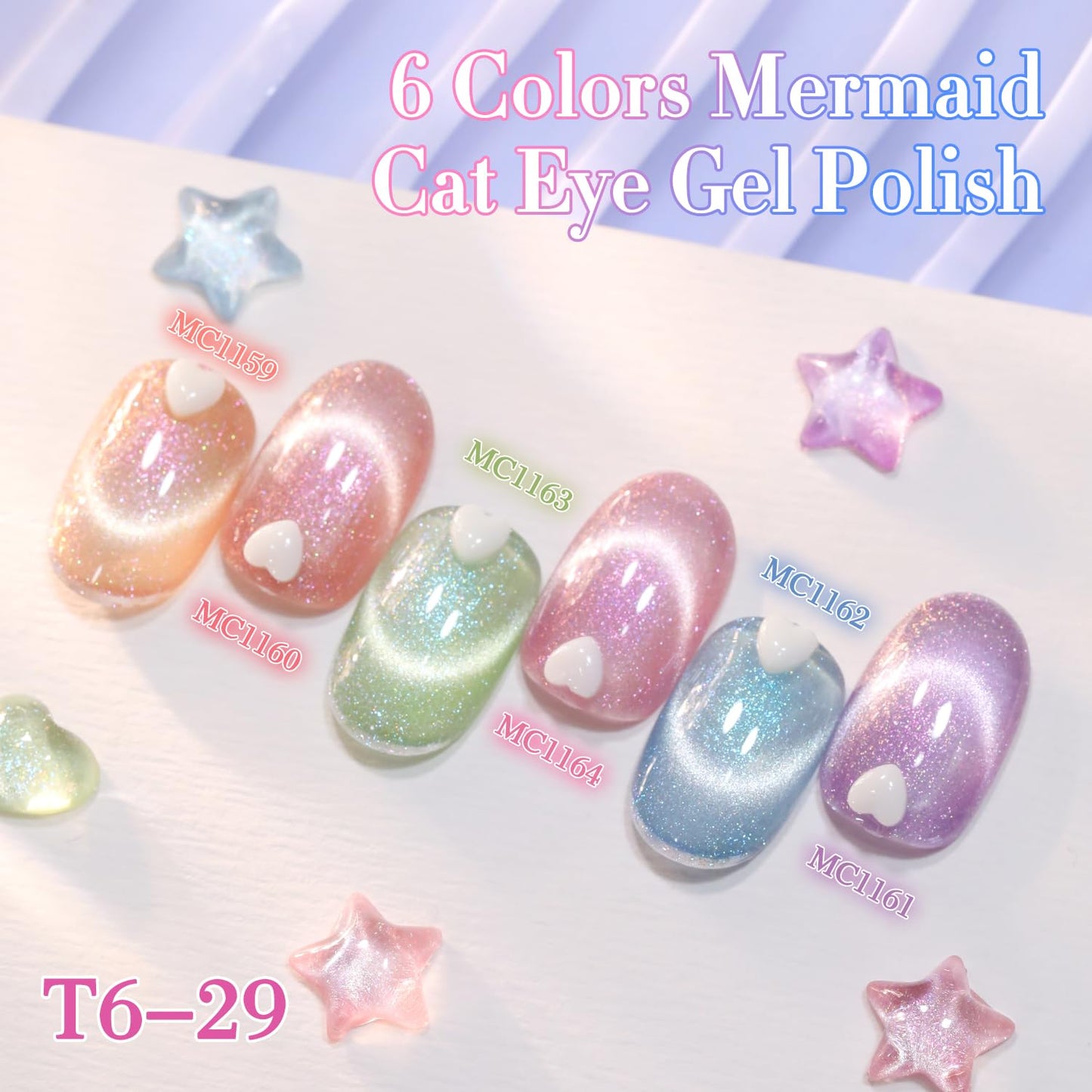 Double Rhythm Cat Eye Gel Nail Polish Set of 6 Same Color Same Bottle 0.5 Oz Shimmer Glitter with Magnet Holographic Reflective Magnetic UV Nail Polish Kit at Home (Nude Pink Green Purple-T6-29)