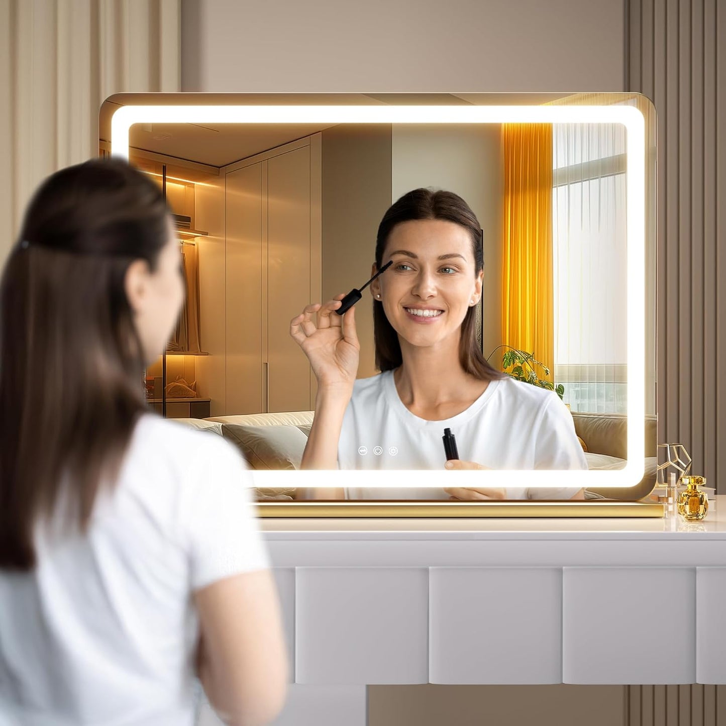 Hasipu Vanity Mirror with Lights, 22.8" x 18" LED Makeup Mirror, Lighted Makeup Mirror with Dimmable 3 Modes, Touch Screen Control Vanity Mirror Round Gold