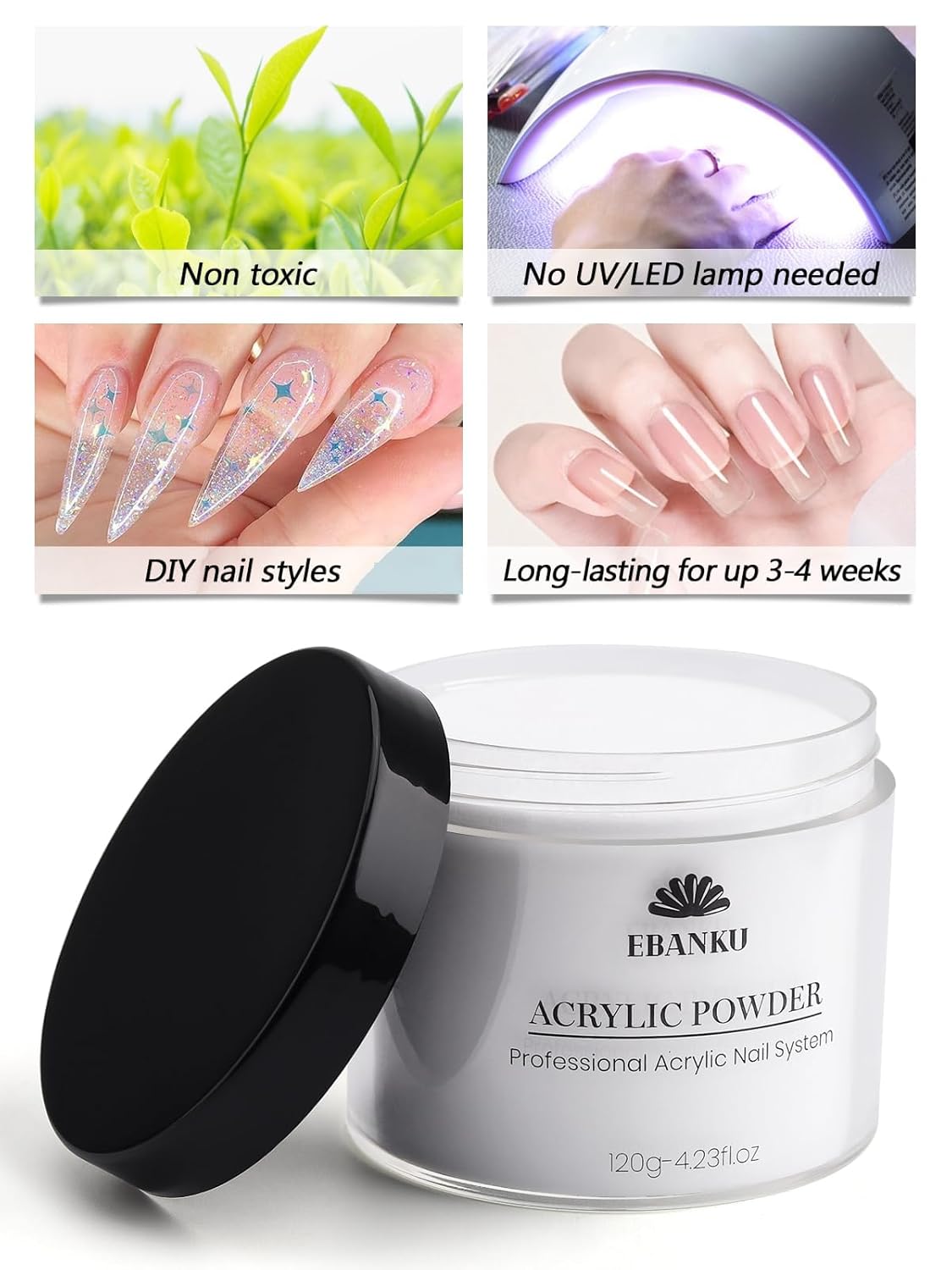 EBANKU Clear Acrylic Nail Powder, Long Lasting 3D Fingernail Carving & Nail Extensions, Professional Acrylic Powder for Manicure, No Nail Lamp Needed, 120g/4.23oz Large Capacity