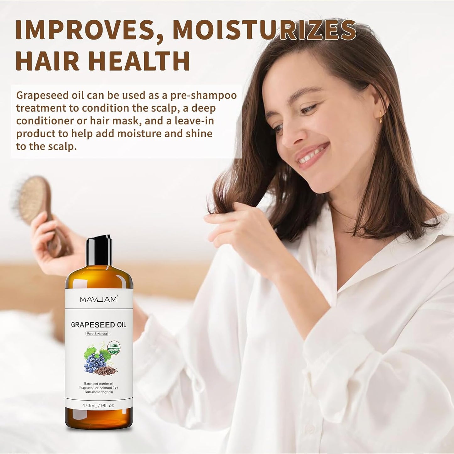 Organic Grapeseed Oil for Skin & Hair 16 oz, USDA Certified 100% Pure & Natural Grape Seed Oils, Cold Pressed Body Massage Carrier Oil for Skin Face Essential Oils Mixing, Hexane Free