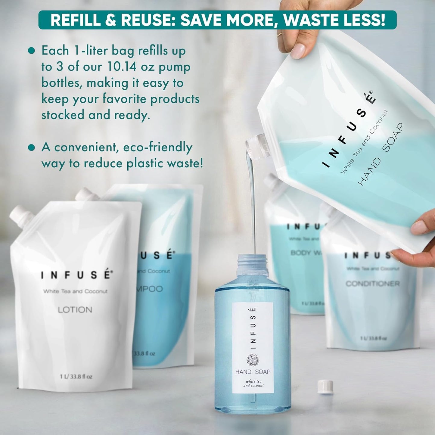 1 Liter Hand Wash Refill Bag For Soap Dispensers | Bulk Toiletries for Vacation Rentals, and Home Bathroom Showers | White Tea and Coconut | Single