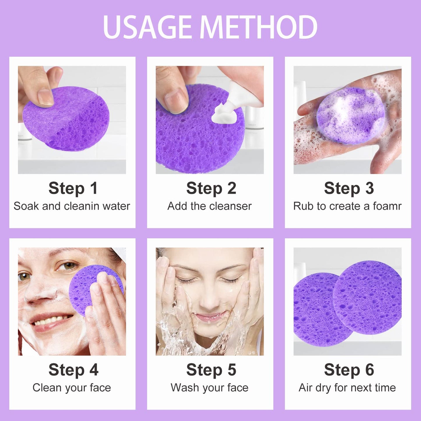 50-Count Facial Sponges Compressed Natural Cellulose Sponge Round Shape Face Sponge for Face Cleansing Exfoliating and Makeup Removal, Purple