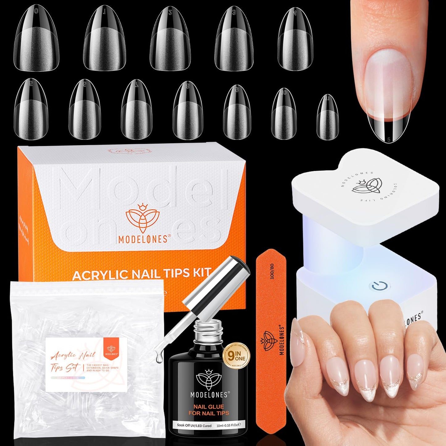 modelones Short Almond Gel Nail Tips Kit, 9-in-One Nail Glue with Portable U V Lamp 216Pcs 12Sizes Pre-Etched Press ons Fake Acrylic Extension Kit DIY Salon Gift for Women