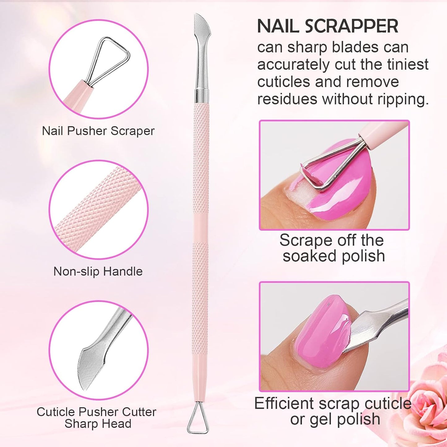 Makartt Cuticle Trimmer with Cuticle Pusher, 3 PCS Pink Nail Cuticle Nipper Professional Pedicure Manicure Tools with Stainless Steel Dual End Pusher, Nail Scraper