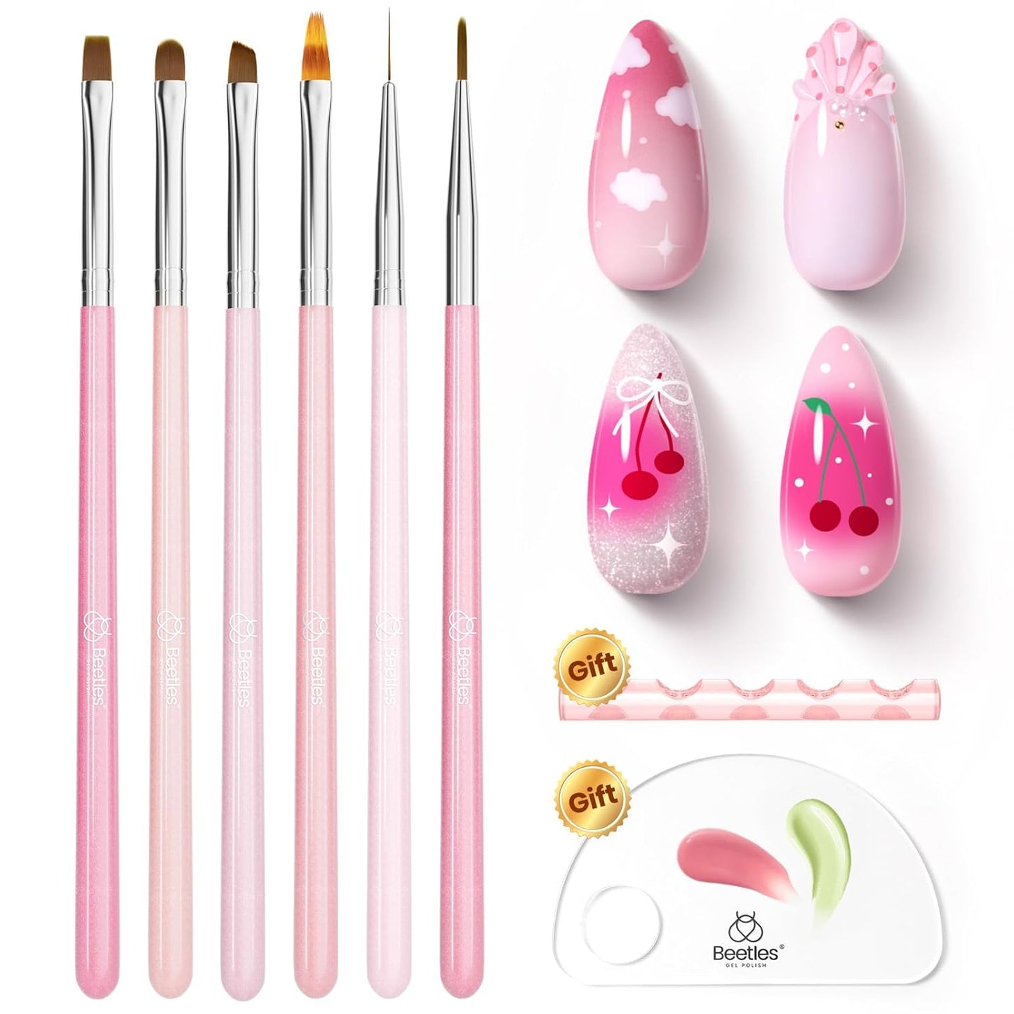 Beetles Nail Art Brushes, 6 Pcs Fingernail Art Design Pens, Pink Handle French Tip Ombre Clean Up Nail Brush Set for Gel Polish with Palette DIY Manicure Tools Gift for Women
