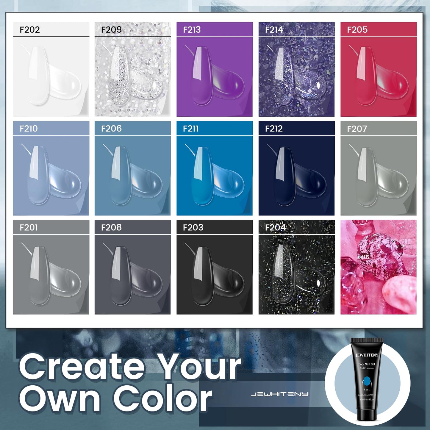 JEWHITENY 14 Colors Poly Nail Gel Kit - All-in-one Kit with Nail Lamp, Builder Gel, Matte & Glossy Top Coat