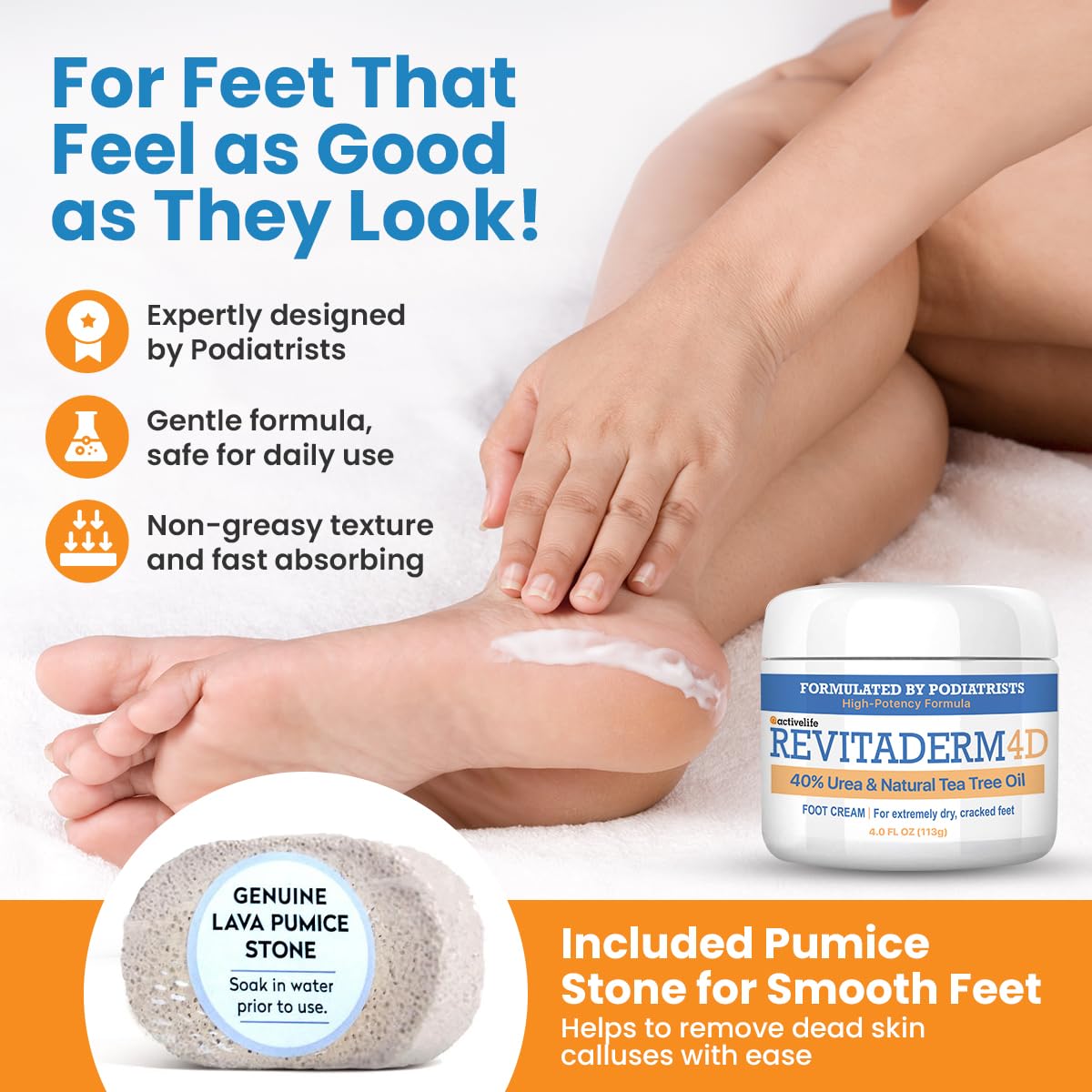 Revitaderm 4D Urea Cream 40% for Feet, Intensive Moisturizing Foot Cream for Dry, Rough, Callused Skin, Includes Free Pumice Stone and Exfoliating Brush, Fast-Absorbing, Fragrance-Free, 4oz, 2 Pack