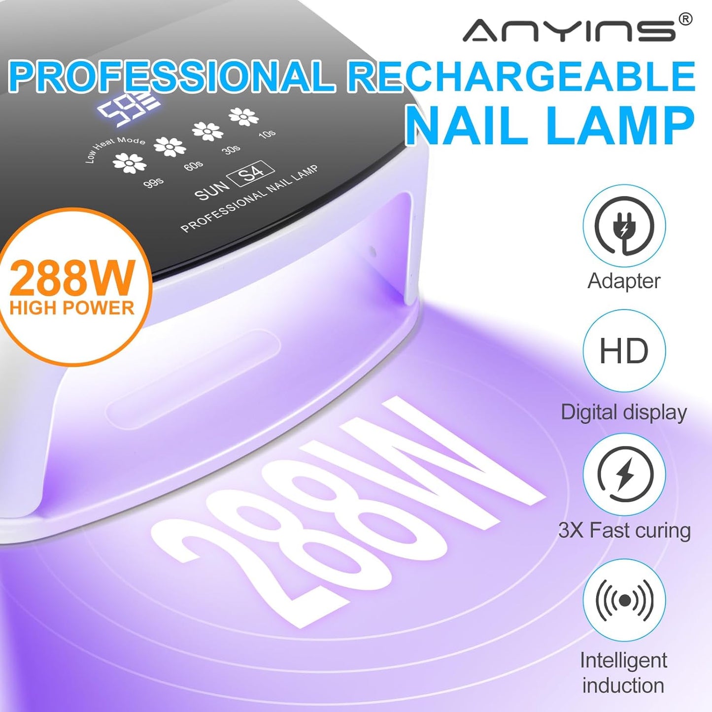 Cordless Nail Lamp, 288W Professional Blue Nail Lamp 8 Hours Super Long-Lasting 66Pcs Beads Automatic Sensor Rechargeable for Nail Art at Home and in Salons