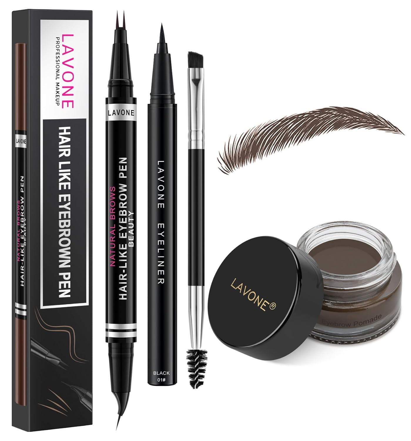 LAVONE Hair-Like Eyebrow Pen Makeup kit, Eyebrow Pencils for Women with Waterproof Microblading Eyebrow Pencil, Eyebrow Pomade, Eyeliner and Eyebrow Brush, Create Full, Natural Brows, Medium Brown