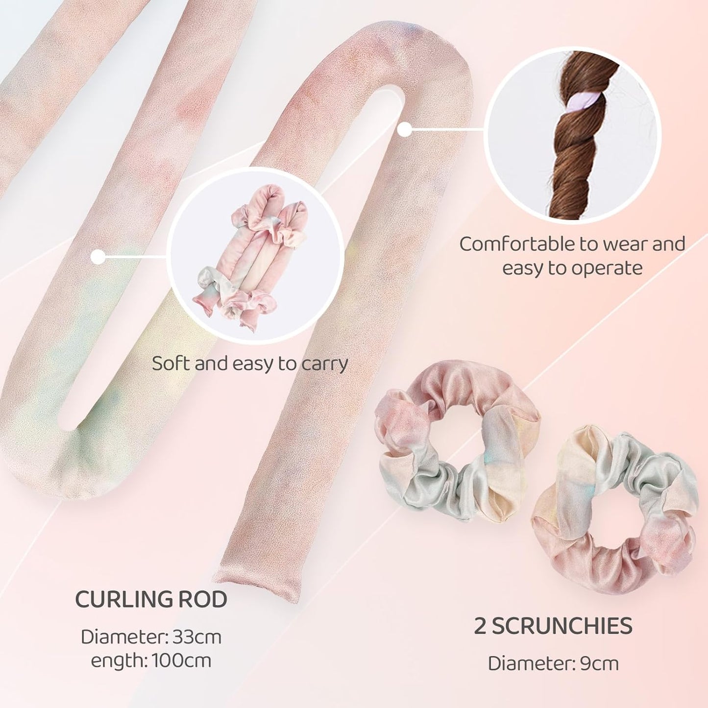 Satin Heatless Hair Curler,Heatless Curls Overnight, Rollers for Long Hair with 2 Hair Scrunchies,Sleep-Friendly Damage-Free Curlers for Soft Natural Waves (Sunset)