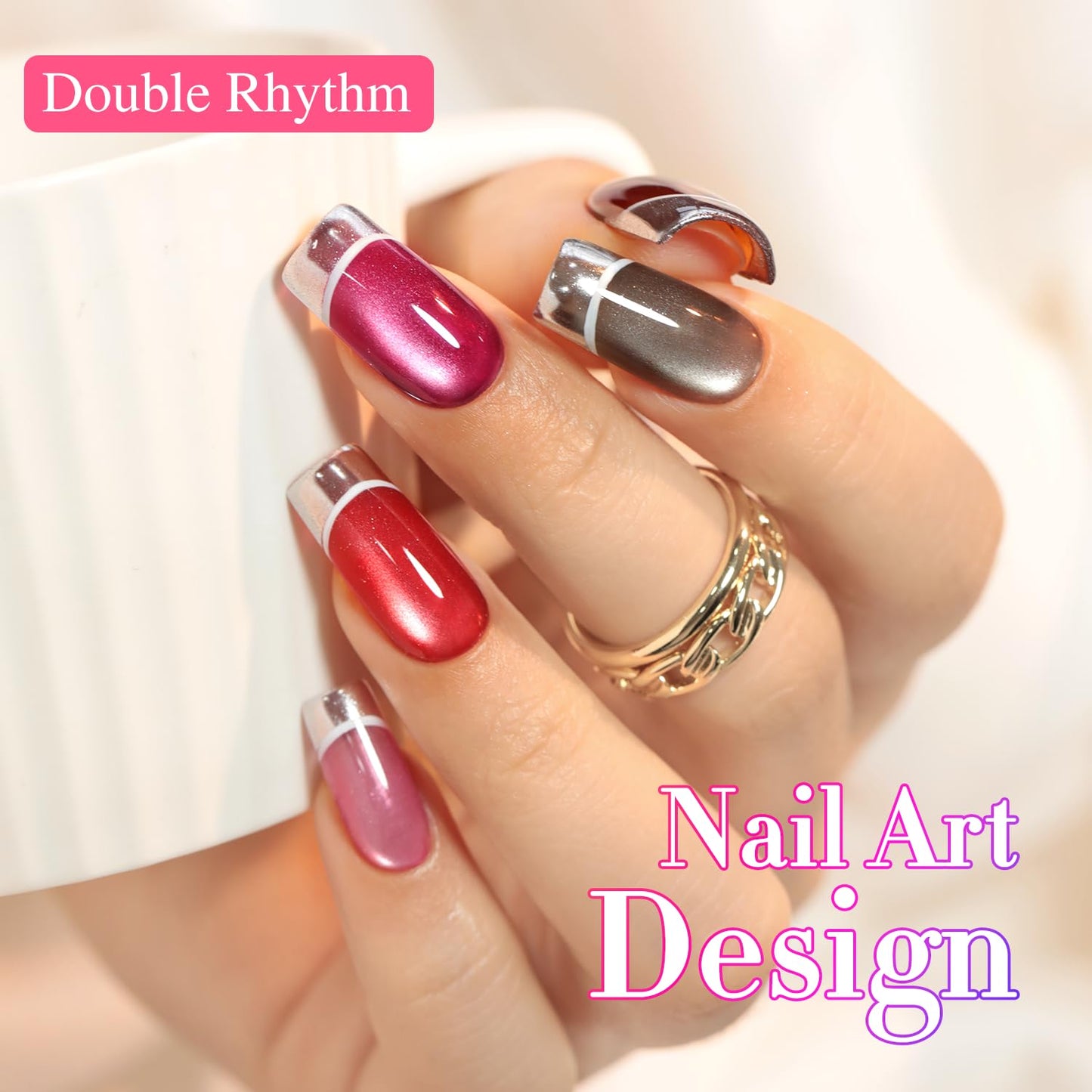 Double Rhythm 6 Colors Cat Eye Gel Polish Set Shimmer Glitter with Magnet Holographic Reflective Magnetic UV Nail Art Kit (6-Kit 40)