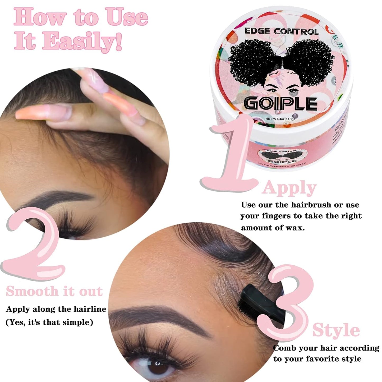 Goiple Edge Control Wax for Women Strong Hold Non-greasy Edge Smoother Strawberry Scent (4oz Edge Control + 0.7oz Travel Szie Edge Control Wax + Edge Brushes*2+Tie Band*2)