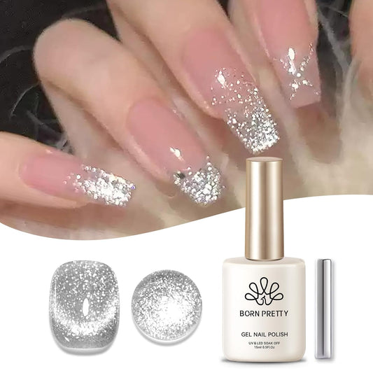 Born Pretty Cat Magnetic Eye Gel Nail Polish, Silver Platinum Cat Magnetic Gel, Sparkle Glitter Magnetic Soak Off U v Nail Gel Diy Art Manicure Nail Salon Varnish 15ML