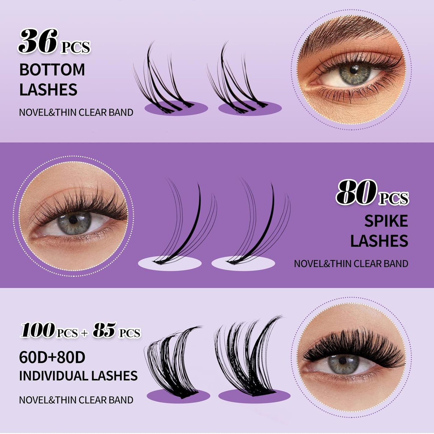 DIY Natural Lash Clusters Kit,Individual False Eyelashes Wispy Cluster Eyelash Extensions 12-18mm Mixed D/3D Curl Eyelash Clusters Kit with Lash Bond and Seal,Lash Tweezers for Self Use(D-60/80D Kit)