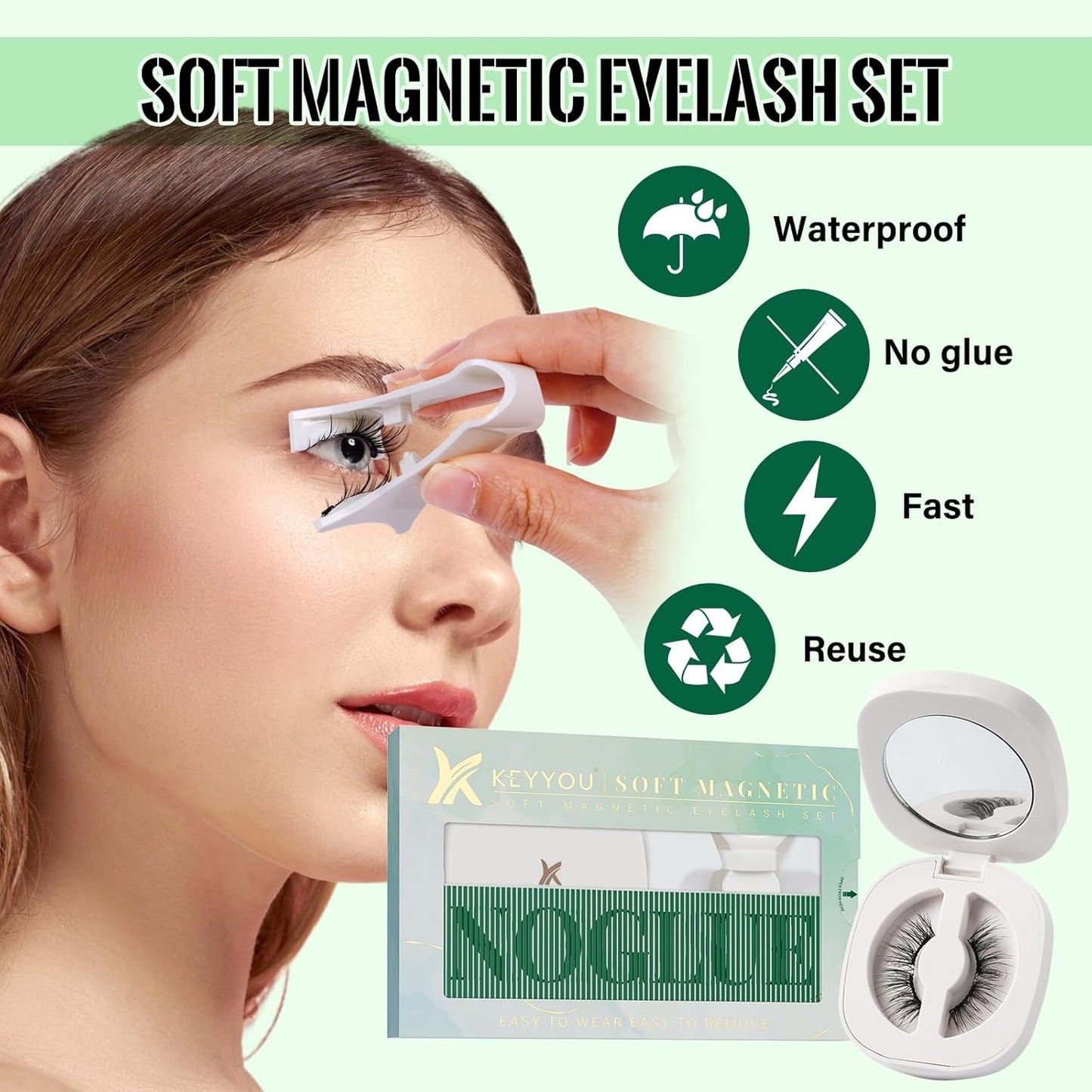 KEYYOU Magnetic Eyelashes Kit: No Glue Reusable Eyelashes, Single Pair, Radiant, Black, Faux Mink, Soft, Lightweight, Natural Appearance