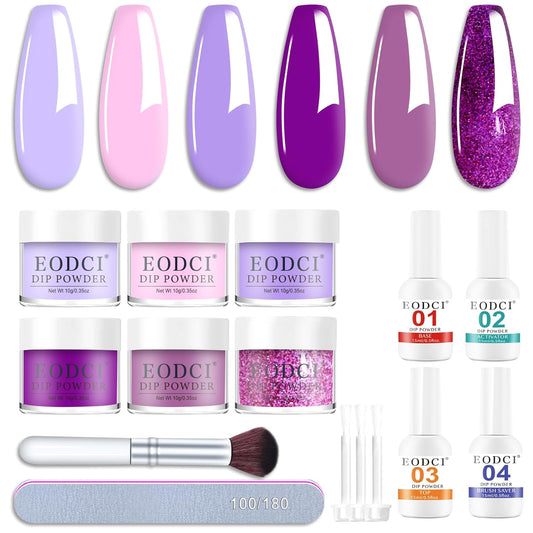 Dip Powder Nail Set, 6 Colors Purple Series 12 Pcs Dipping Powder Kit With Base & Top Coat/Activator/Brush Saver,Nail Art Dip Manicure Kits Odor-Free&Long-Lasting, No Needed Nail Lamp Curing