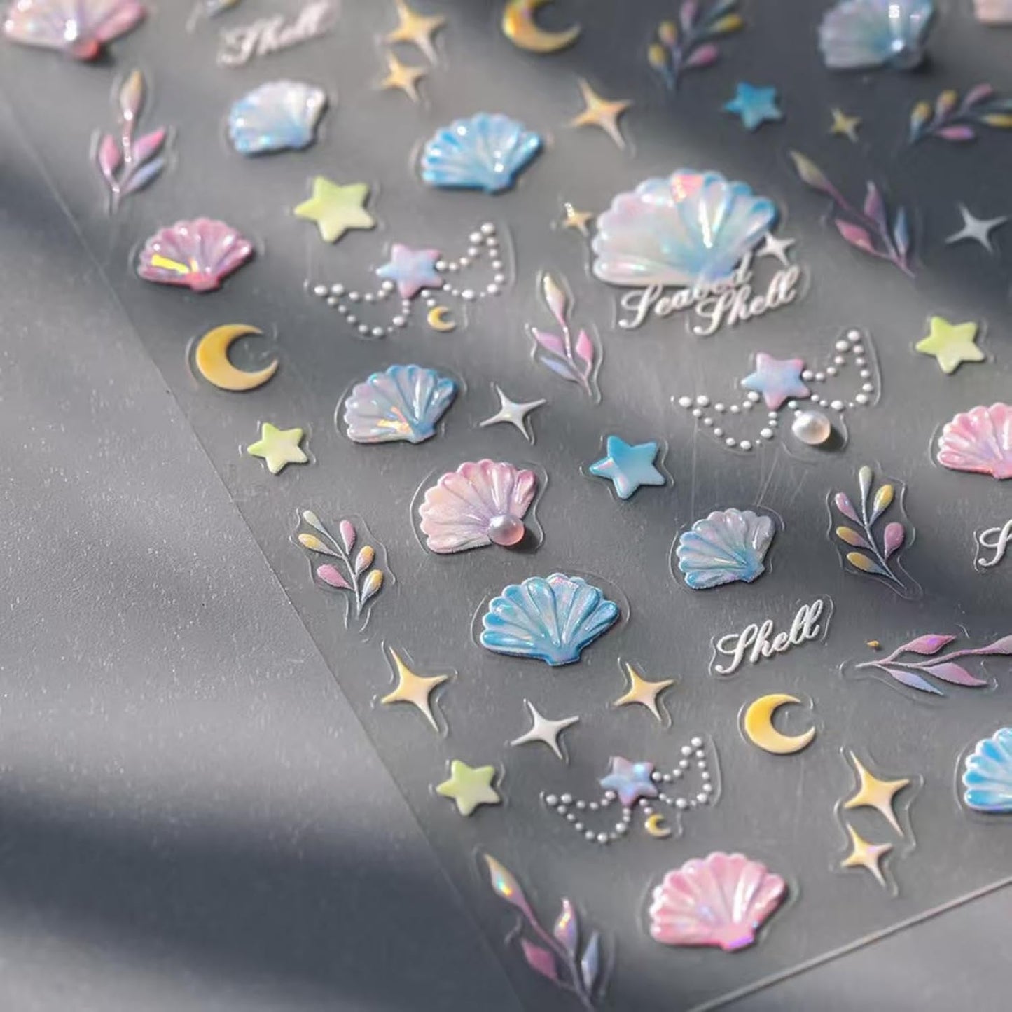 Sea Shells Nail Art Stickers Blue Pink Nail Decals Self Adhesive 5D Embossed Nail Sticker Pearl Design for Women Girls Supplies Summer Nails Decorations Accessories