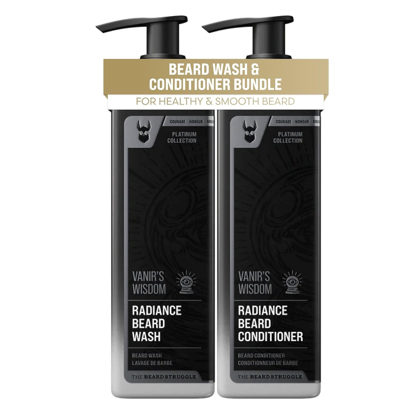 The Beard Struggle Radiance Beard Wash & Conditioner Bundle - Platinum Collection - Pack of 2 - Vanir's Wisdom - 8 Fl Oz each - For Men - Nourish, Cleanse, Soften, & Strengthen Beard