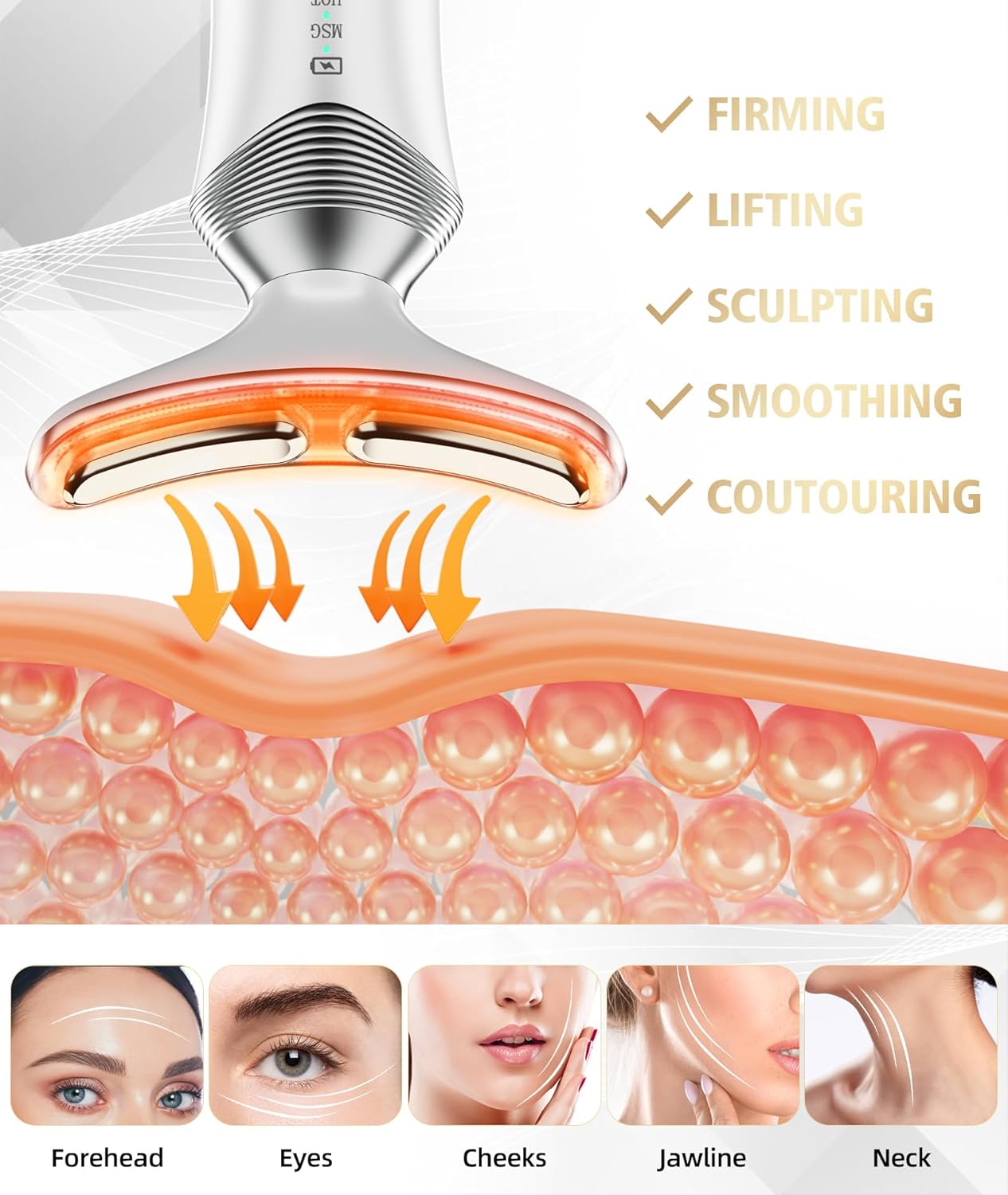 9-in-1 Red-Light-Therapy-for-Face-and-Neck, Portable Facial Massager Tool with Adjustable Vibration & Thermals for Wrinkles, Double Chin, White