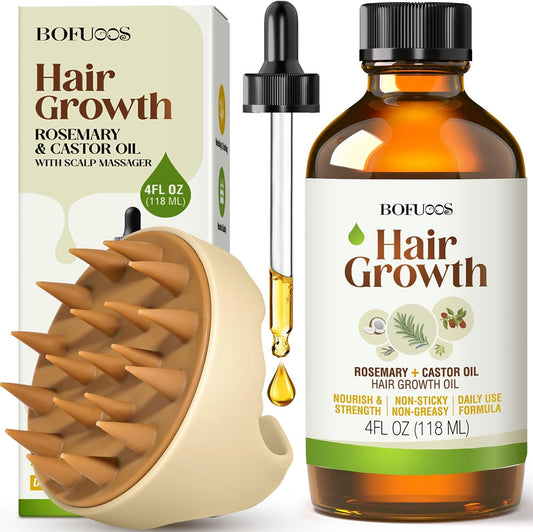 Organic Rosemary & Castor Hair Growth Oil + Scalp Massager Set – Premium Hair Strengthening Oil for Boosting Hair Health, Thickening, Soothing, Moisturizing and Natural Growth – 4.0 oz