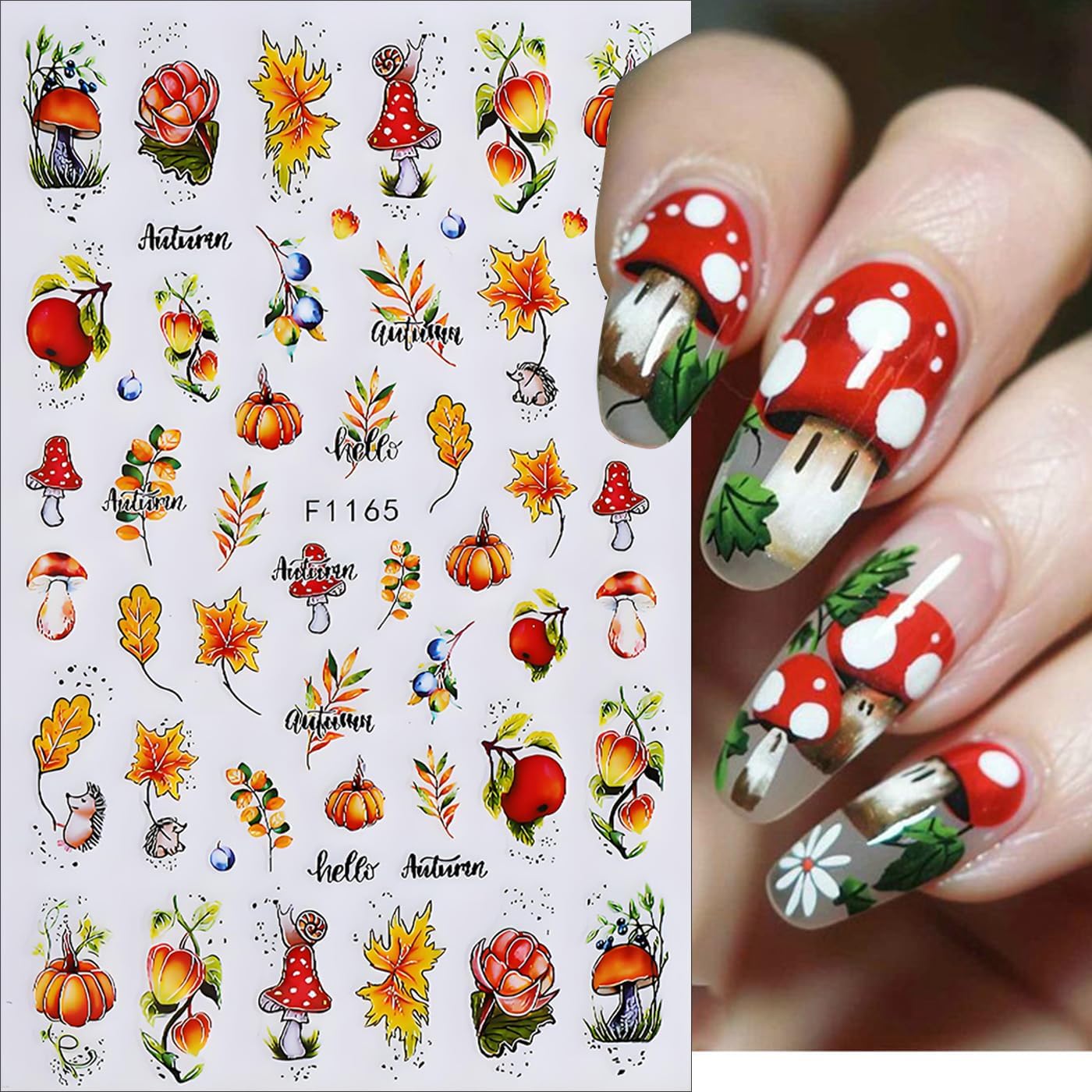 Fall Maple Leaves Nail Art Stickers for Thanksgiving, Maple Leaves Nail Decals 3D Self-Adhesive with Deer Pumpkin Flower Mushroom Design 6Pcs Nail Art Supplies for Women Nail Decoration