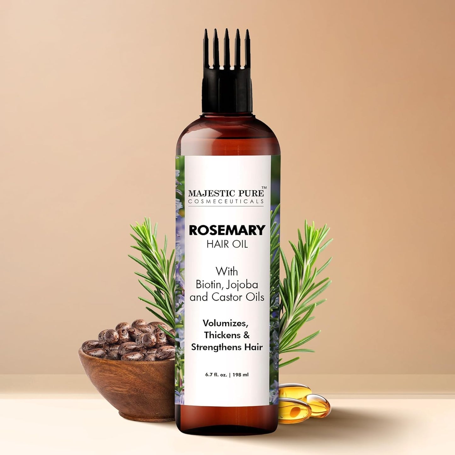 Majestic Pure 100% Pure Rosemary Oil For Hair Growth - Strengthening, Nourishing, Volumizing - Infused with Biotin Oil, Jojoba Oil & Castor Oil - Non GMO Verified - 6.7 Fl Oz (Pack of 2)