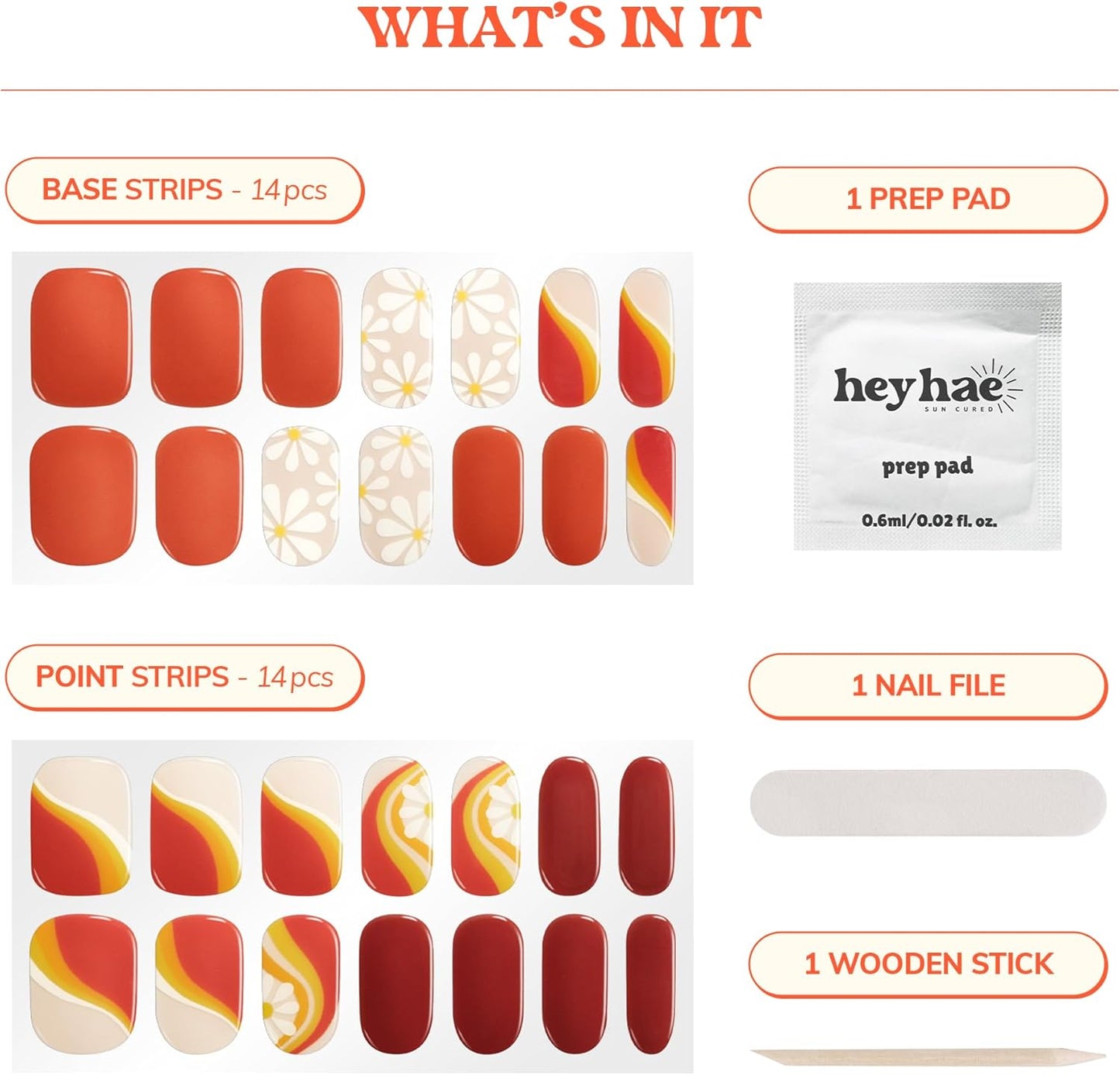 Semi Cured Gel Nail Strips | No LED Lamp Needed | Summer, Floral, Red | Easy Apply & Remove, Salon Quality | Includes 28 Strips, 1 Prep Pads, Nail File & Wooden Stick - Hey, Here Comes The Sun