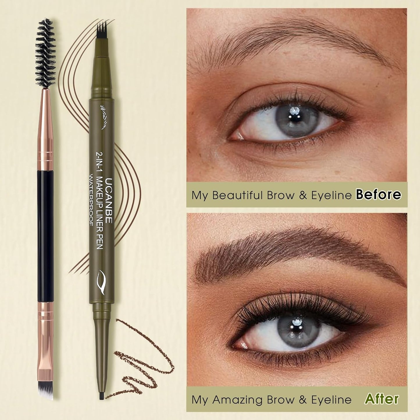 UCANBE Eyebrow Pencils for Women with Spoolie Brush, Dual-Ended Eyebrow Pen with 4-Fork-Tip & Gel Eyeliner, Microblading Brow Pen with Eyeliner Pencil + Brow Brush for Hair Like Brows, Dark Brown