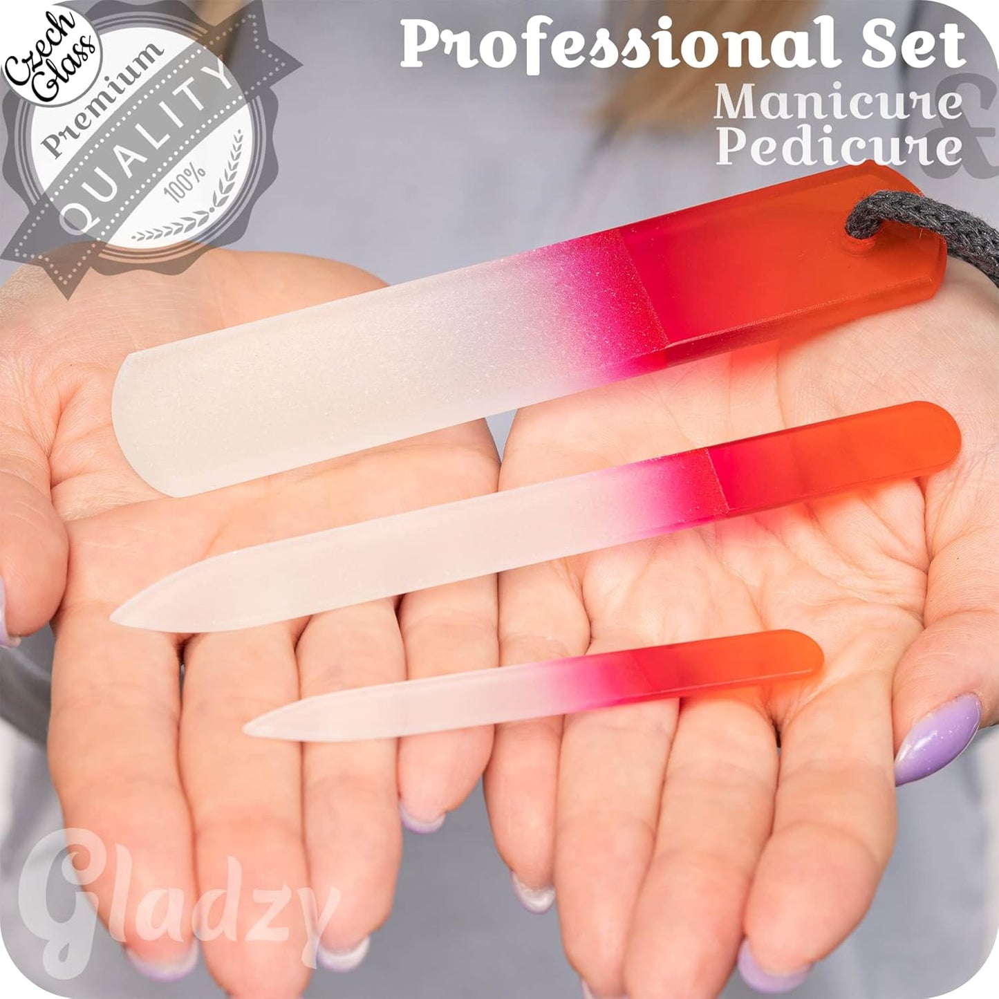 GLADZY Genuine Czech Glass Nail File Set - Callus Remover Foot Rasp, Double Sided Different Grit Surface, Professional Manicure and Pedicure Tools for Natural Nails, Nail Shaper, Ethically Made in EU