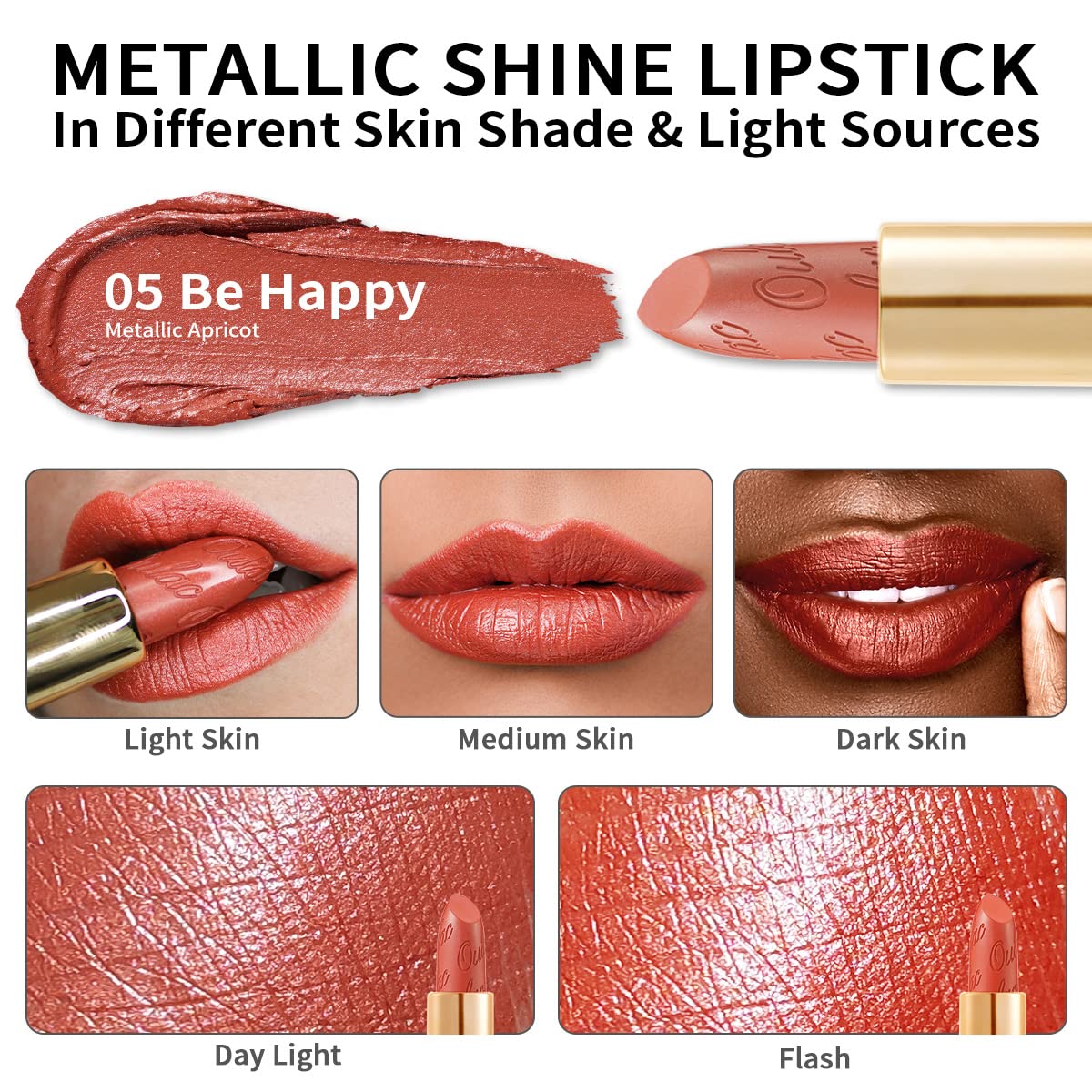 Oulac Coral Orange Lipstick for Women with Metallic 3D Shine Lightweight Hydrating Formula, High Impact Lip Color, Vegan Beauty, Full Coverage Lip Makeup, Christmas Gifts for Women, Be Happy(05)