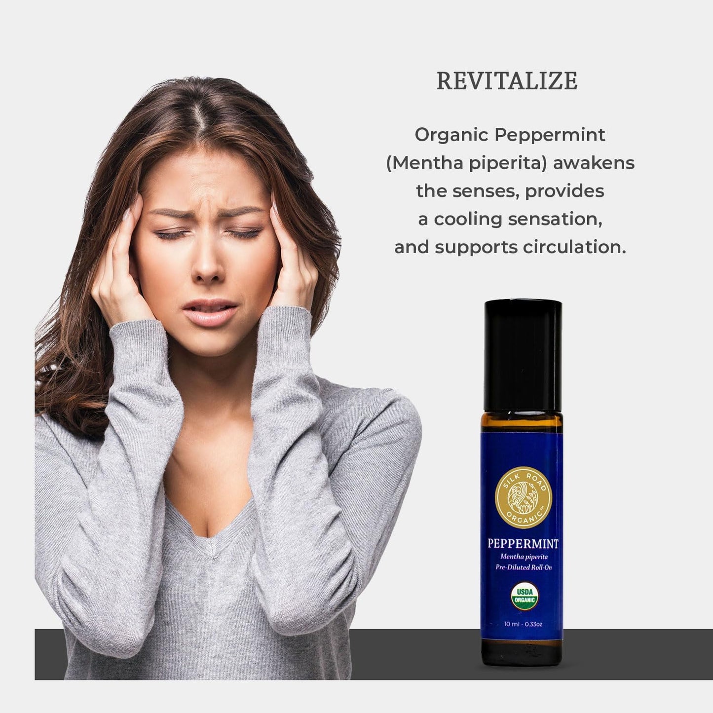 Silk Road Organic Peppermint Essential Oil Roll On, Mentha Piperita, 100% Pure USDA Certified Aromatherapy - Headache, Morning Sickness, Nausea, Energy & Hair - 10 ml Roller