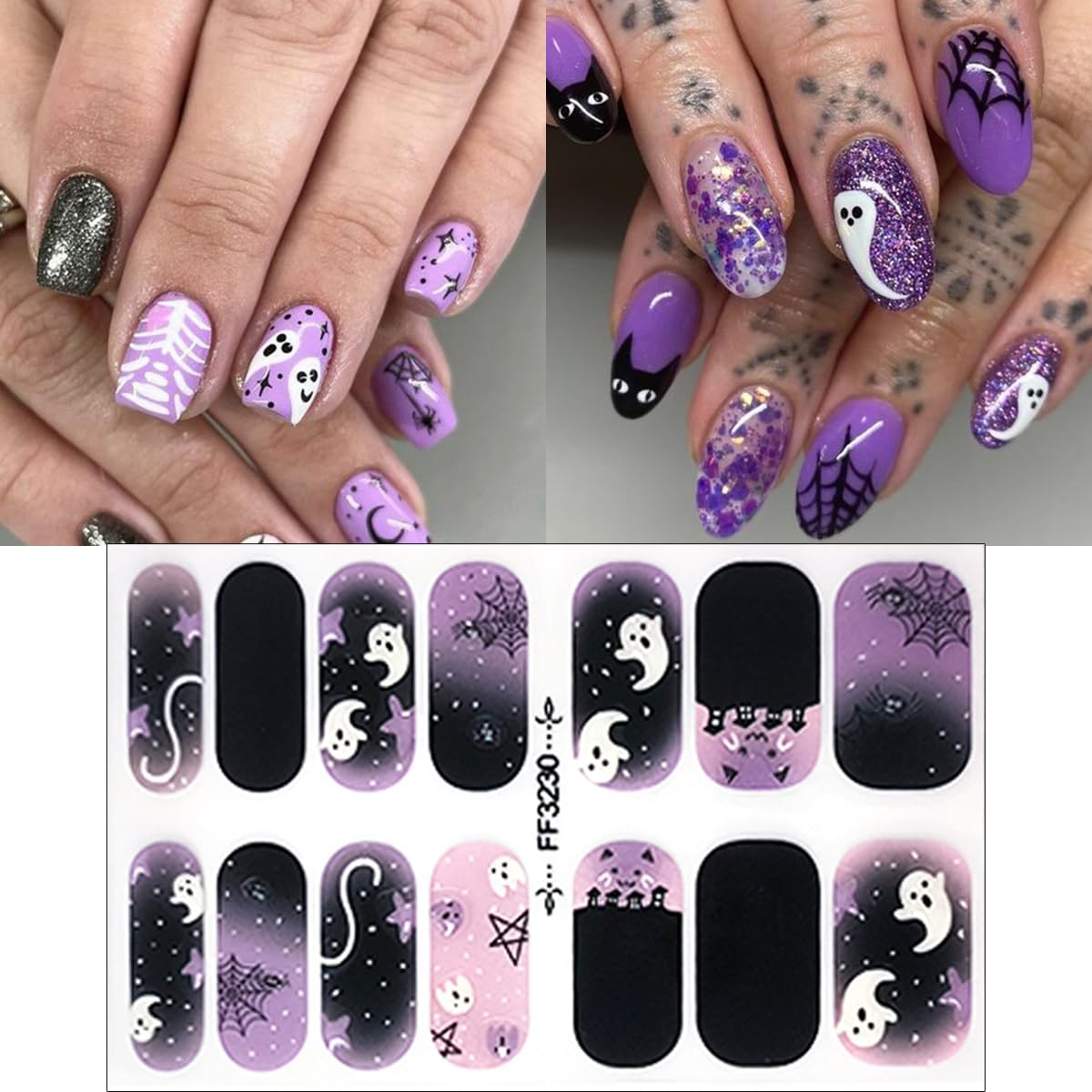 Halloween Gel Nail Stickers for Nail Art 3D Halloween Ghost Nail Art Stickers Cute Full Nail Wraps Stickers Halloween Nail Polish Stickers Spider Bat Moon Star Gel Nail Strips Decals for Women Girls