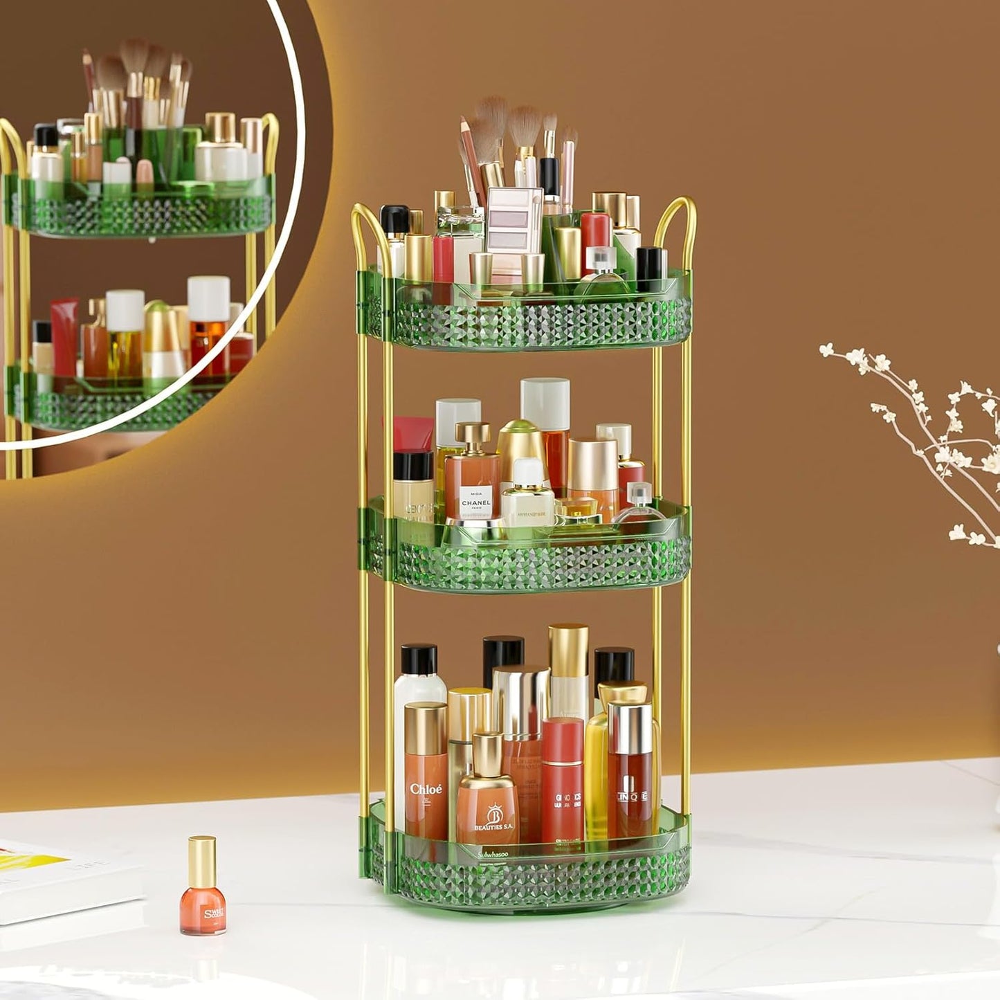 Awenia Rotating Makeup Organizer 360, Stackable Adjustable Large Capacity Cosmetic Storage Unit,Dresser Bathroom Kitchen Countertop Organizer with Metal Handle, Plus Size (Gem Green, 3 Tier)