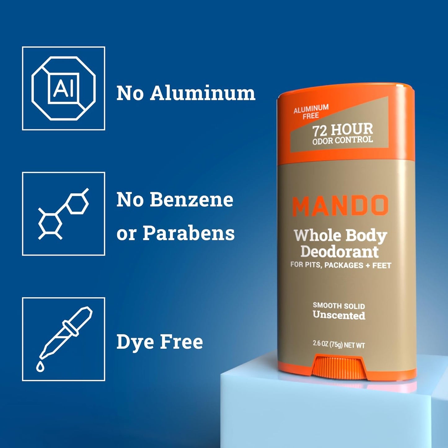 Mando Whole Body Deodorant For Men - Smooth Solid Stick - 72 Hour Odor Control - Aluminum Free, Baking Soda Free, Skin Safe - 2.6 Ounce (Pack of 2) - Unscented