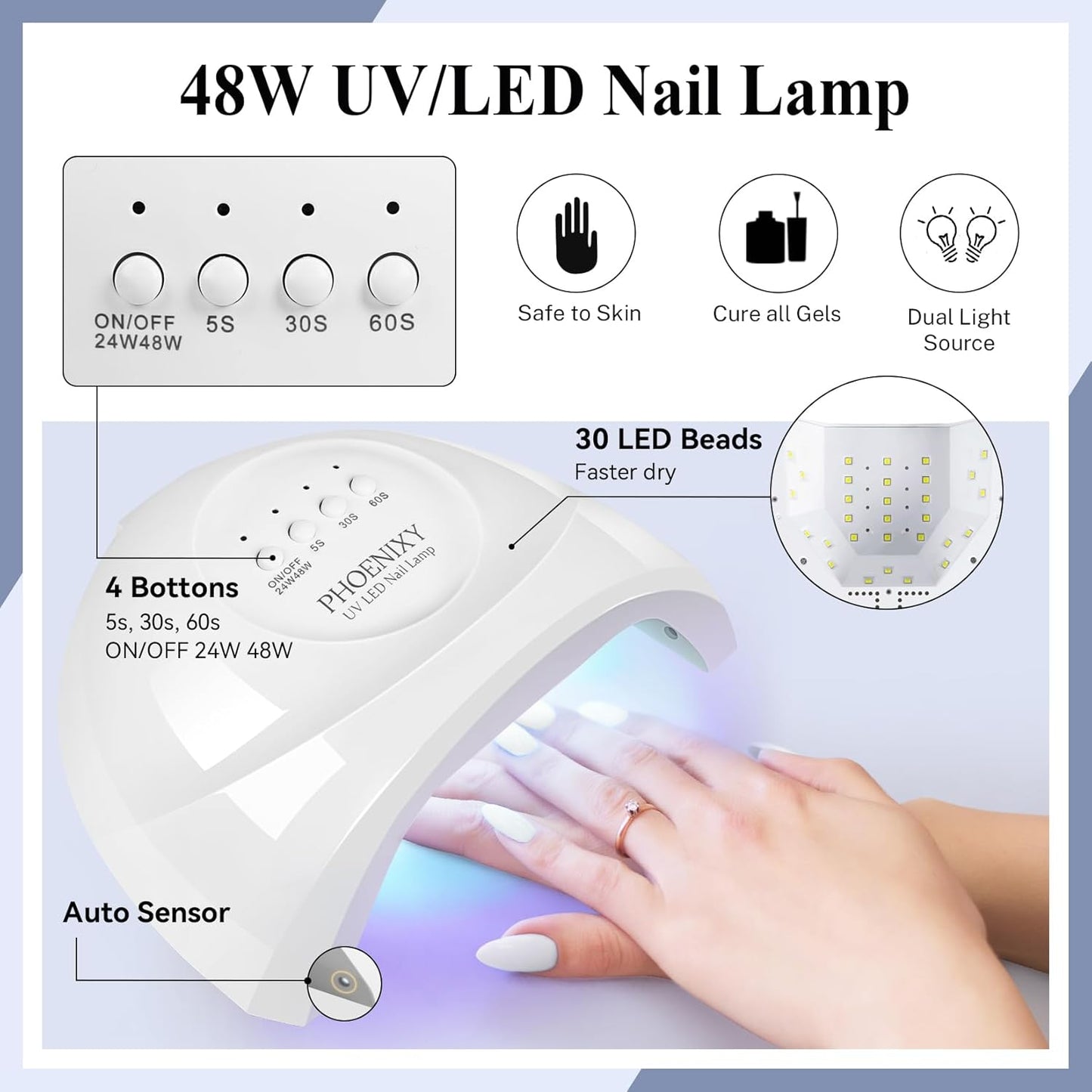 phoenixy Gel Nail Polish Kit with U V Light 48W, 44 Pcs 72 Effect Gel Nail Polish Set Base Glitter Top Coat Manicure Nail Tools Gifts for Women