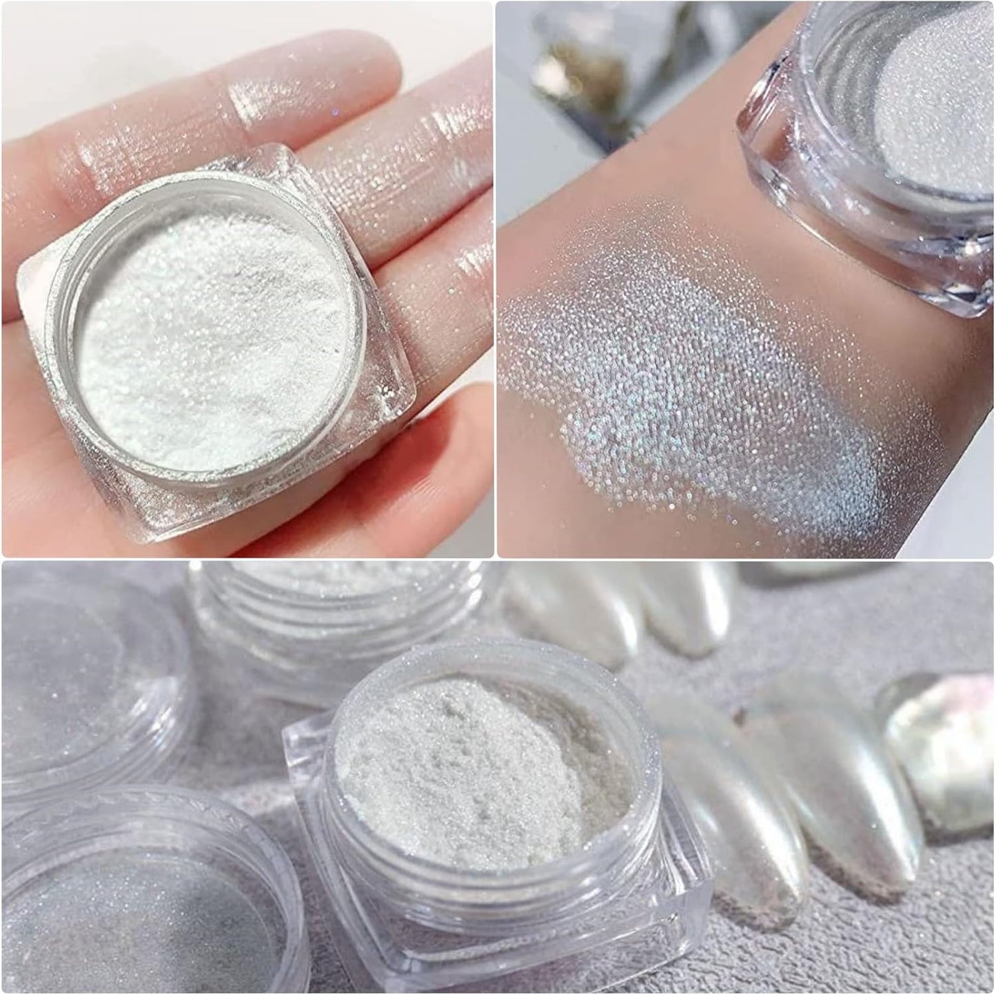 4pc Pearl Chrome Nail Powder Ice Transparent Chrome Powder for Nails, Rainbow Holographic Nail Chrome Powder for Manicure Decorations(4pc White)