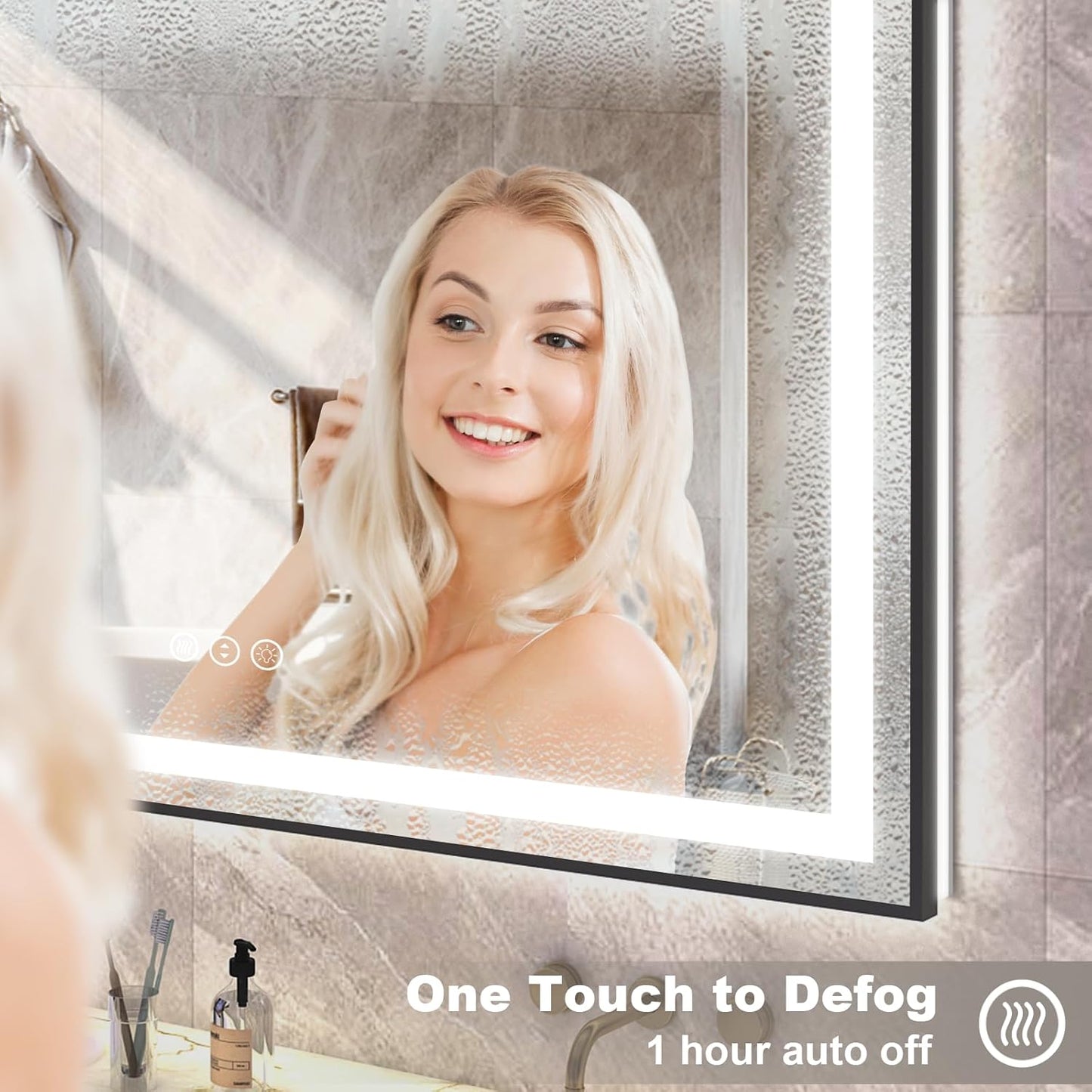 OKPAL 66x40 LED Bathroom Mirror with Lights, Frontlit & Backlit Lighted Bathroom Mirror, Black Lighted Vanity Mirror, Anti-Fog, Dimmable 3 Colors, Shatterproof, Horizontal/Vertical