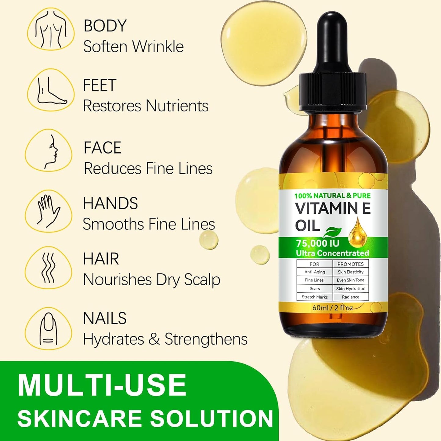 Tiuedu 2PCS Natural Vitamin E Oil for Skin, 75,000 IU Ultra Concentrated Vitamin E Oil for Face, Hair and Scars, Moisturizing Dry Skin Oils, Promotes Skin Elasticity