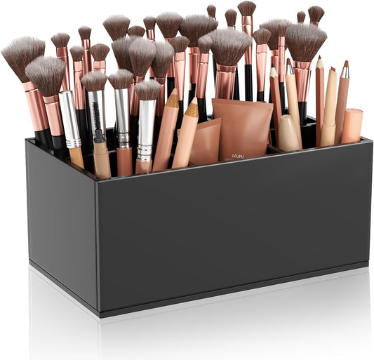HIIMIEI Black Makeup Brush Holder Organizer Acrylic 6-Slots Cosmetic Brushes Storage Organizer for Vanity Countertop