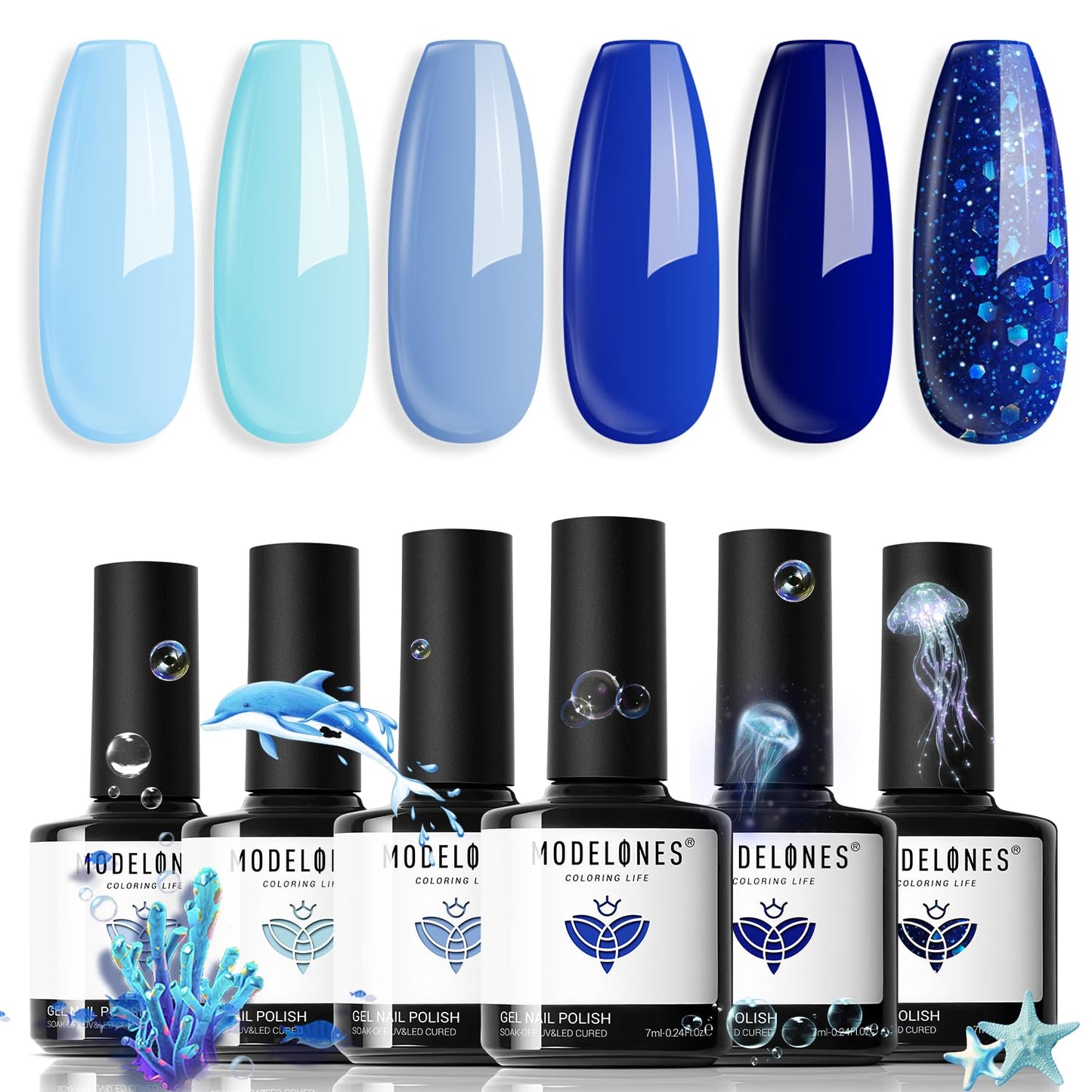 modelones Blue Gel Nail Polish Set 6 Colors, Royal Navy Sky Icy Klein Blue Glitter Gel Polish Kit Light to Dark Shades Soak Off All Seaones Nail Art Gel Salon DIY Manicure Gift for Women Girl