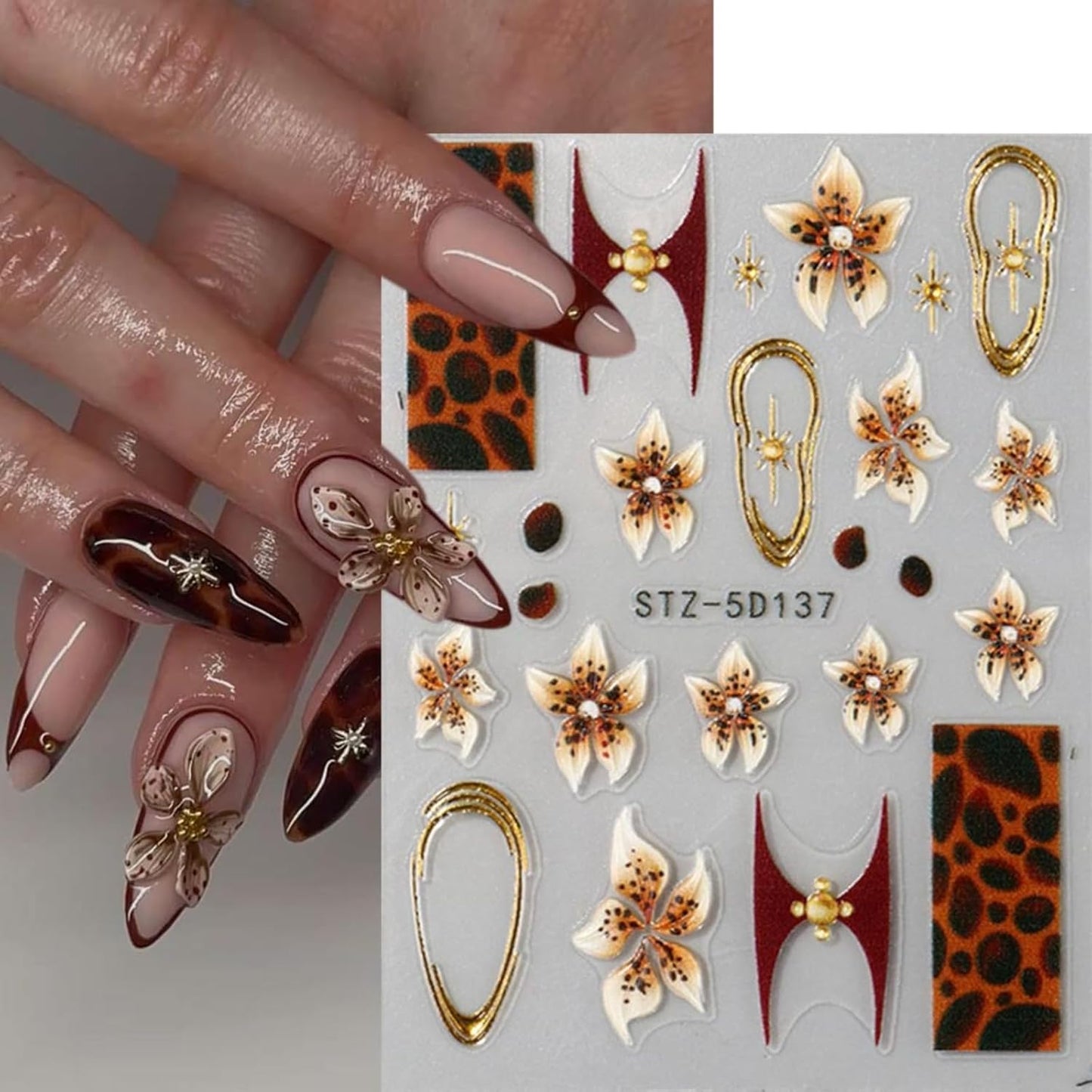 Flower Nail Art Stickers 5D Yellow Brown Flowers Nail Decals 2Pcs Leopard Print Nail Art Supplies Floral Gold Frame Star Autumn Nail Stickers French Sliders for Women Thanksgiving Nail Decorations