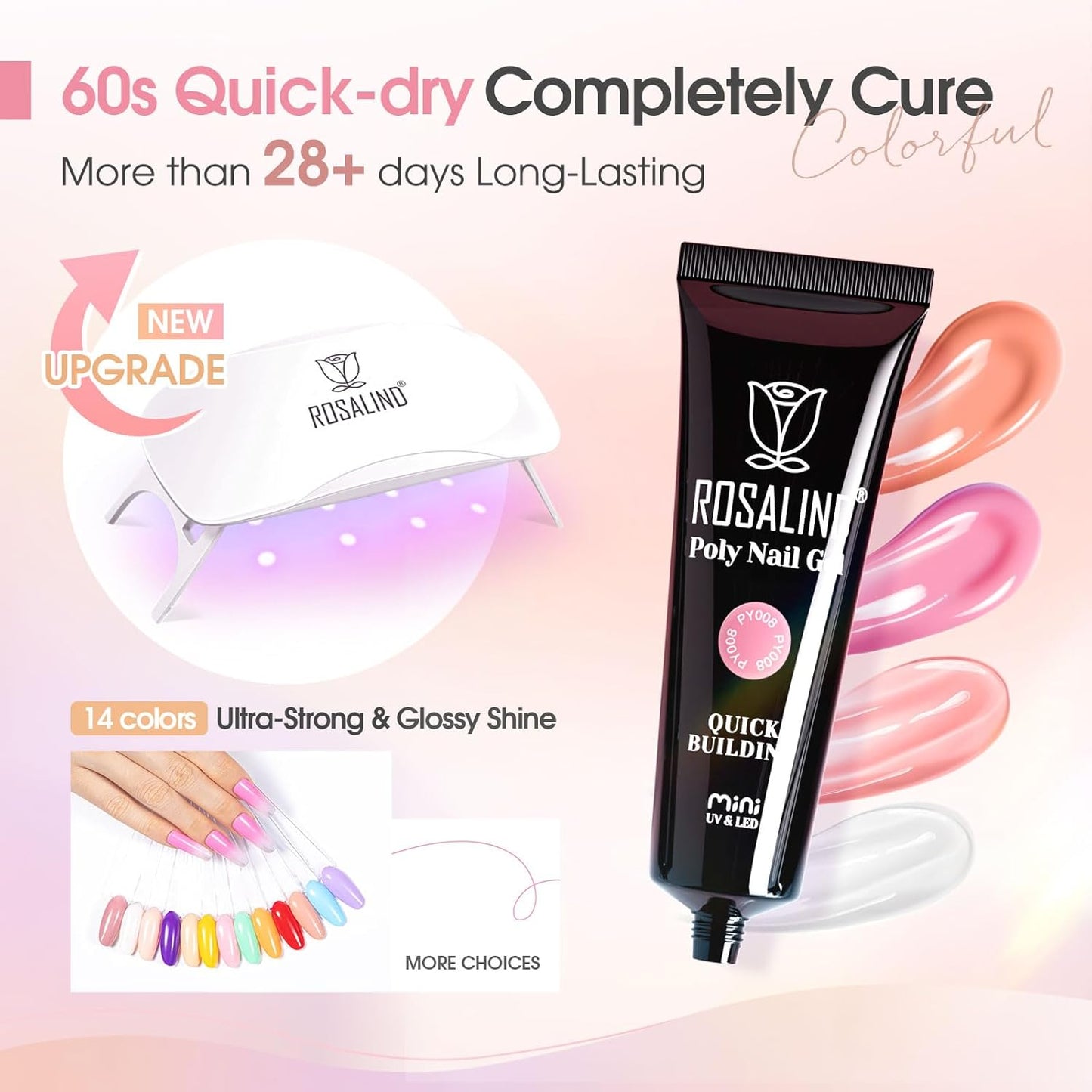 ROSALIND Poly Nail Gel Kit -14 Colors +72 Nail Art Accessories kit Nude Pink Poly Nails Gel Kit Starter Kit with Mini UV Lamp Slip Solution Basic Poly Nail Art Tools for Beginners with Everything