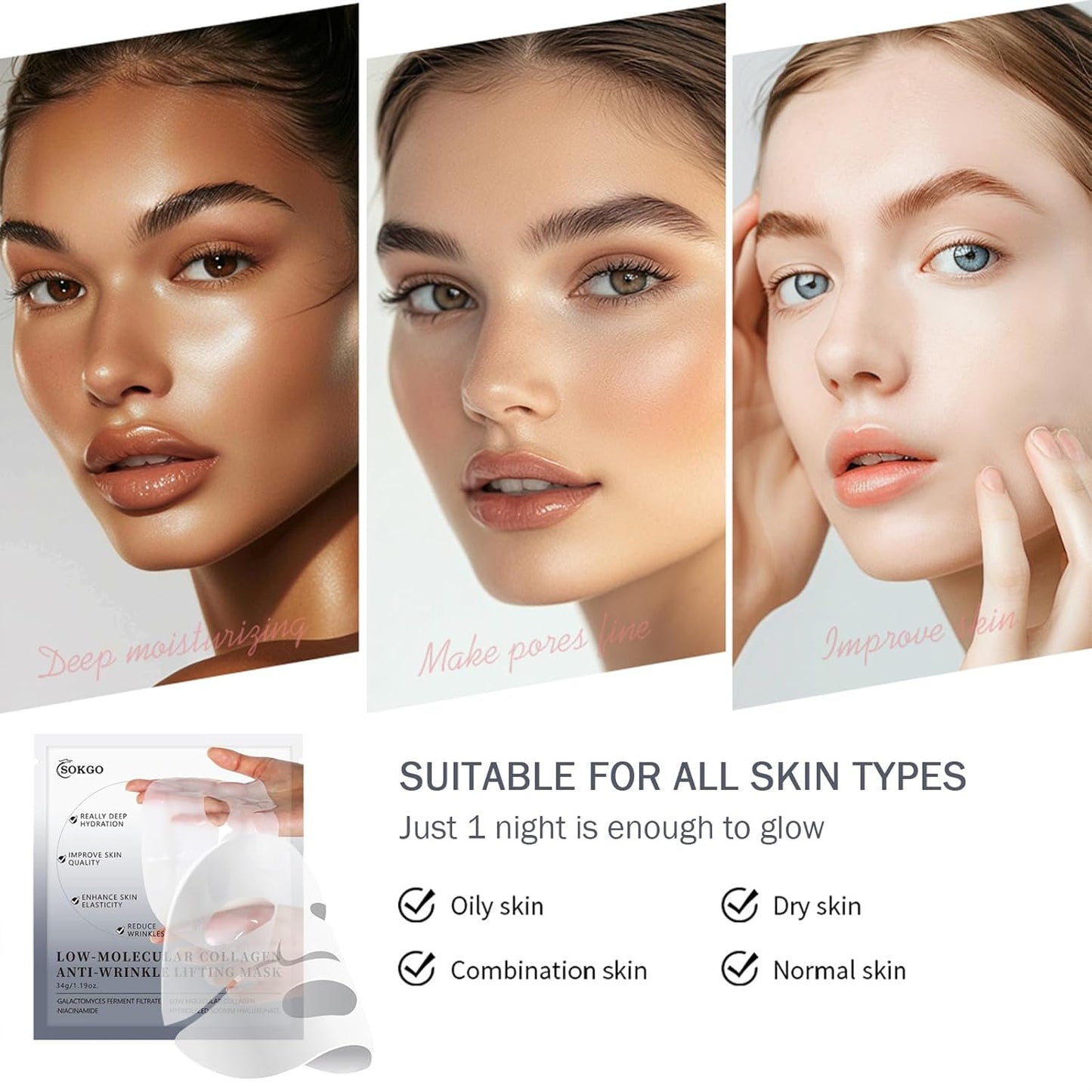 Low Molecular Weight Collagen Overnight Hydrogel Mask, Enhances Skin Elasticity, Reduces Pores, Transforms from White to Transparent Upon Absorption Skin Care Treatment.