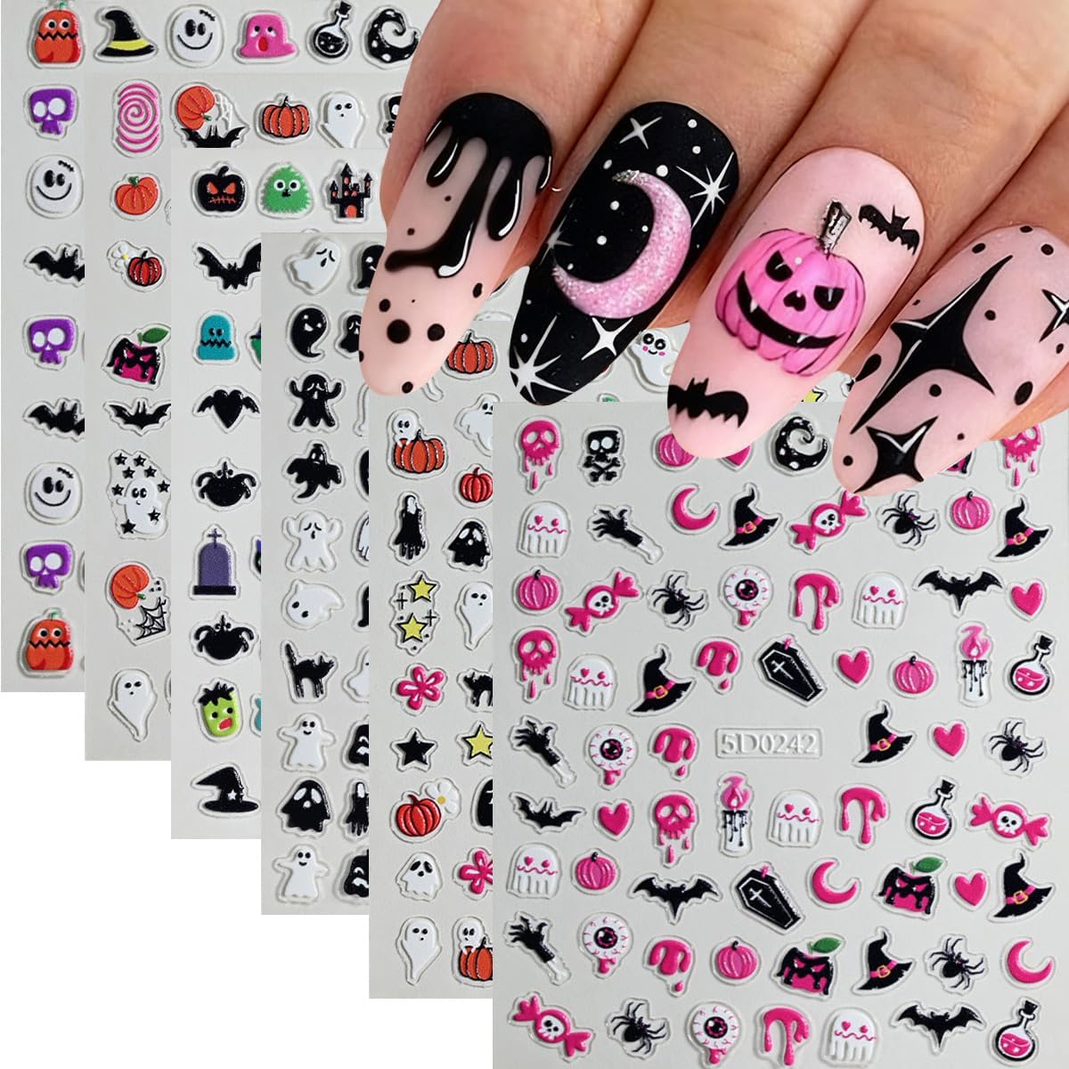 6 Sheets Halloween Nail Art Stickers Pumpkin 5D Embossed Nail Decals Ghost Nail Stickers Self Adhesive Bat Skull Nail Art Supplies for Women Girls DIY Manicure Nail Art Decorations