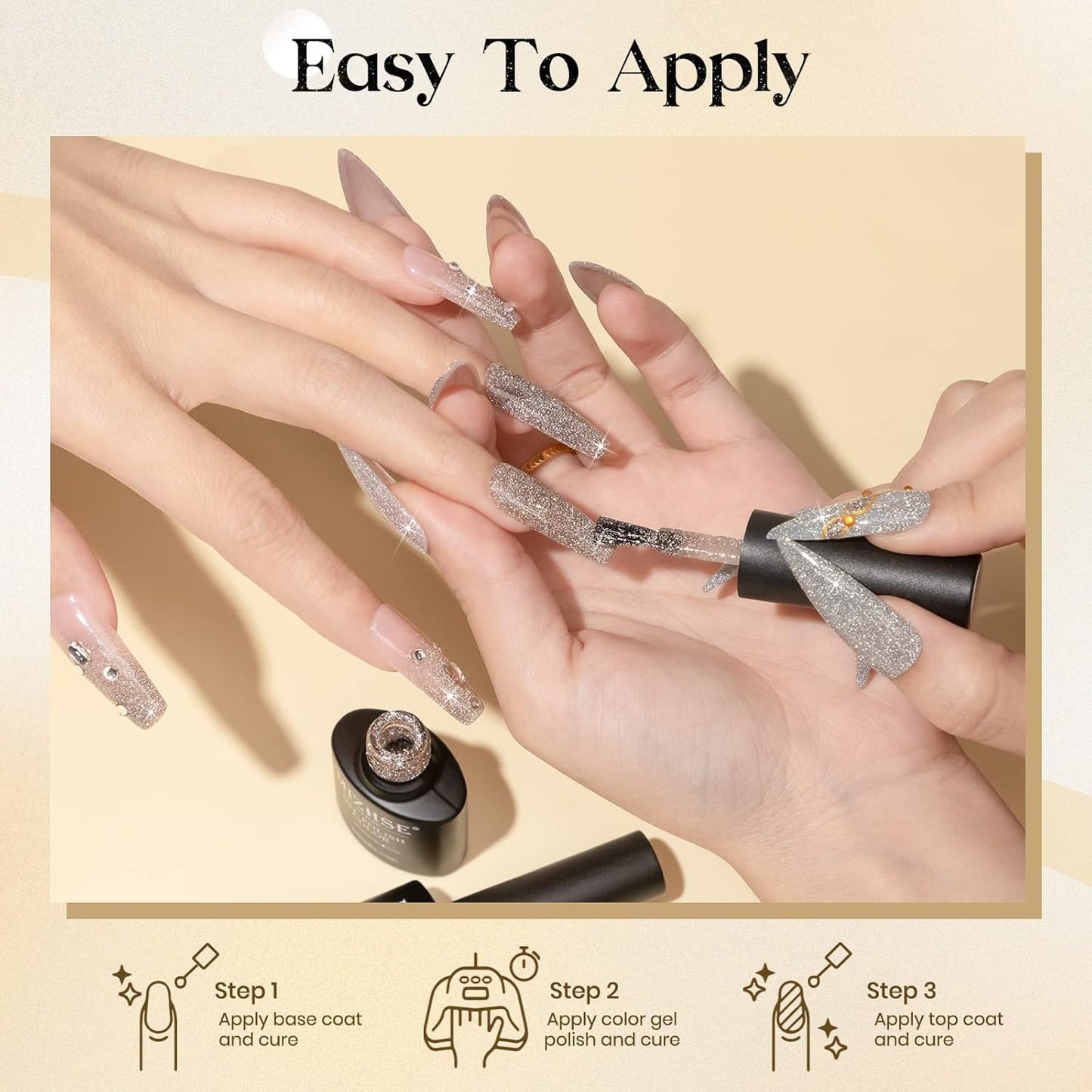 MIZHSE Reflective Gel Nail Polish, Glitter Silver and Gold Gel Polish 2 Colors, Sparkle Shiny Diamond Nail Gel Manicure Set Nail Art at Home Salon 10ML