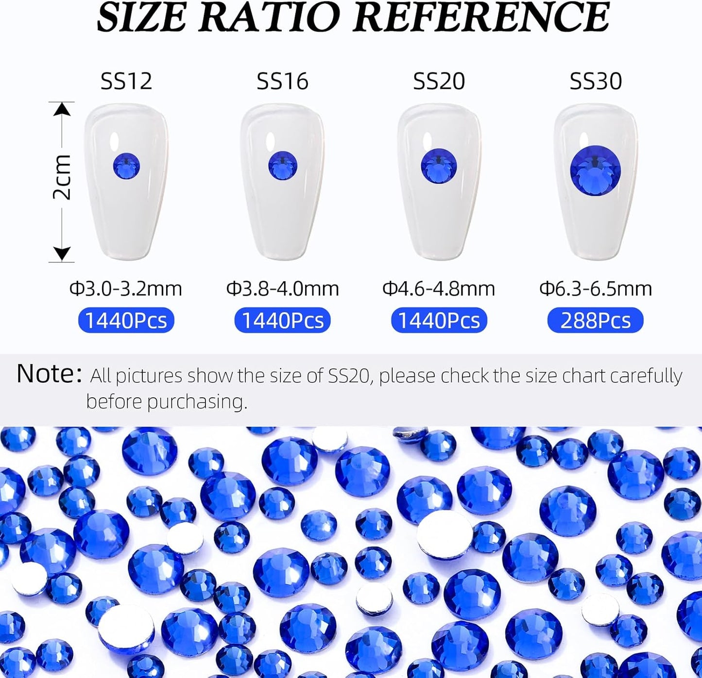 Sapphire Flatback Rhinestones, Glass Rhinestones for Nail Art and Craft, Glue Fix, Loose Crystal Gemstones(Blue, SS16, 1440pcs, 3.8-4.0mm)
